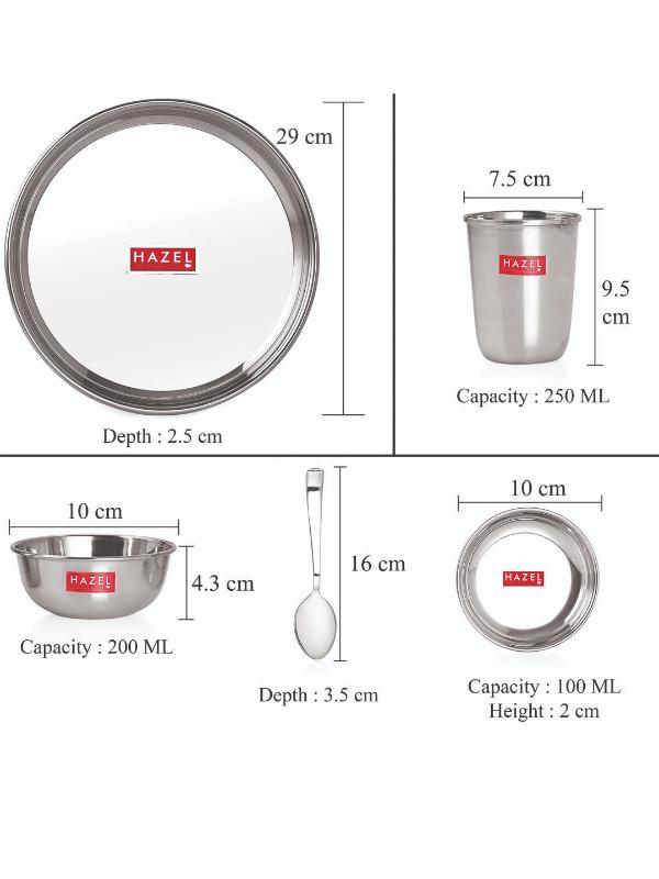 HAZEL Stainless Steel 41 Pieces Dinner Set (3 pcs Mixing Bowl, 2 pcs Serving Spoon, 6 Plate, 6 Glass, 12 Bowl, 6 Spoon Set, 6 Dessert Plate)