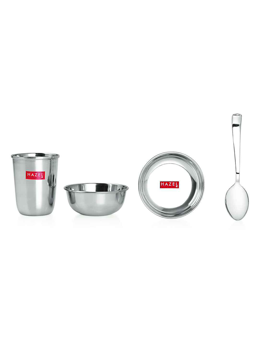 HAZEL Stainless Steel Dinner Set Of 18 | Dinner Set Steel (3 Steel Plate, 3 Steel Glass, 6 Bowl, 3 Spoon Set, 3 Dessert Plate) 18 Pieces, Silver