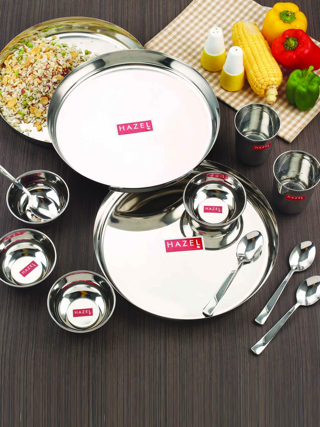 HAZEL Stainless Steel Dinner Set Of 30 | Dinner Set Steel (5 Steel Plate, 5 Steel Glass, 10 Serving Bowl, 5 Spoon Set, 5 Dessert Plate) 30 Pieces, Silver