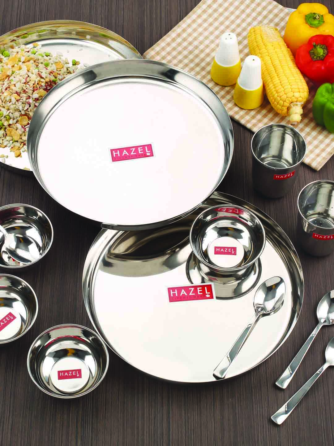 HAZEL Stainless Steel Dinner Set Of 36 | Dinner Set Steel (6 Steel Plate, 6 Steel Glass, 12 Serving Bowl, 6 Spoon Set, 6 Dessert Plate) 36 Pieces, Silver