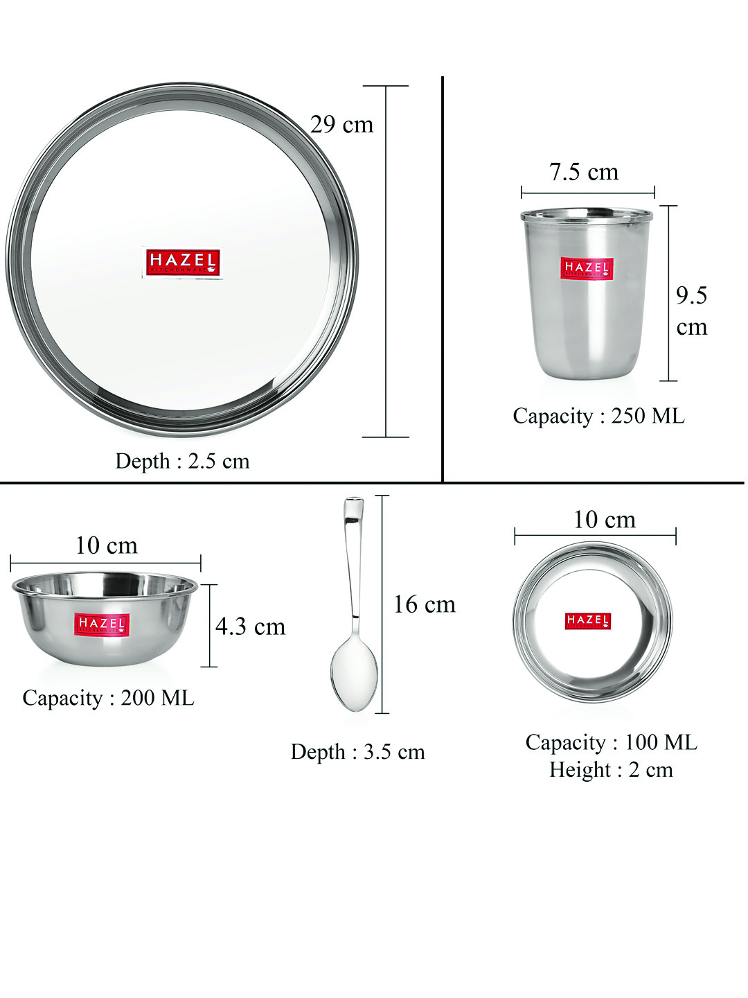 HAZEL Stainless Steel Dinner Set Of 12 | Dinner Set Steel (2 Steel Plate, 2 Steel Glass, 4 Bowl, 2 Dessert Plate, 2 Spoon) 12 Pieces, Silver