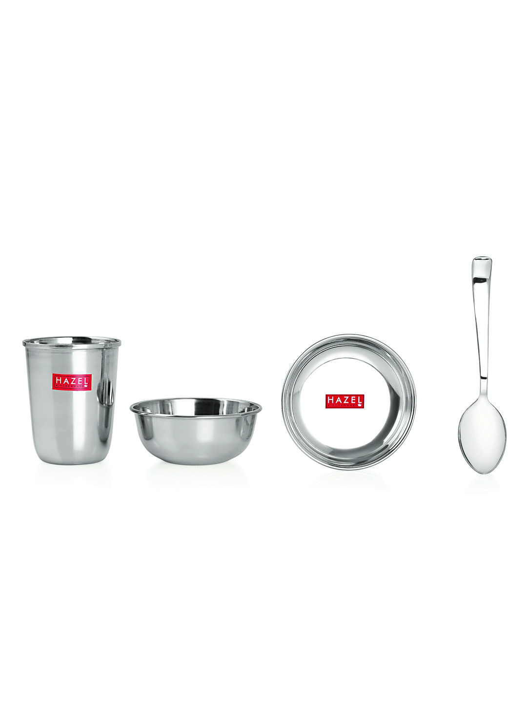 HAZEL Stainless Steel Dinner Set Of 18 | Dinner Set Steel (3 Steel Plate, 3 Steel Glass, 6 Bowl, 3 Dessert Plate, 3 Spoon) 18 Pieces, Silver