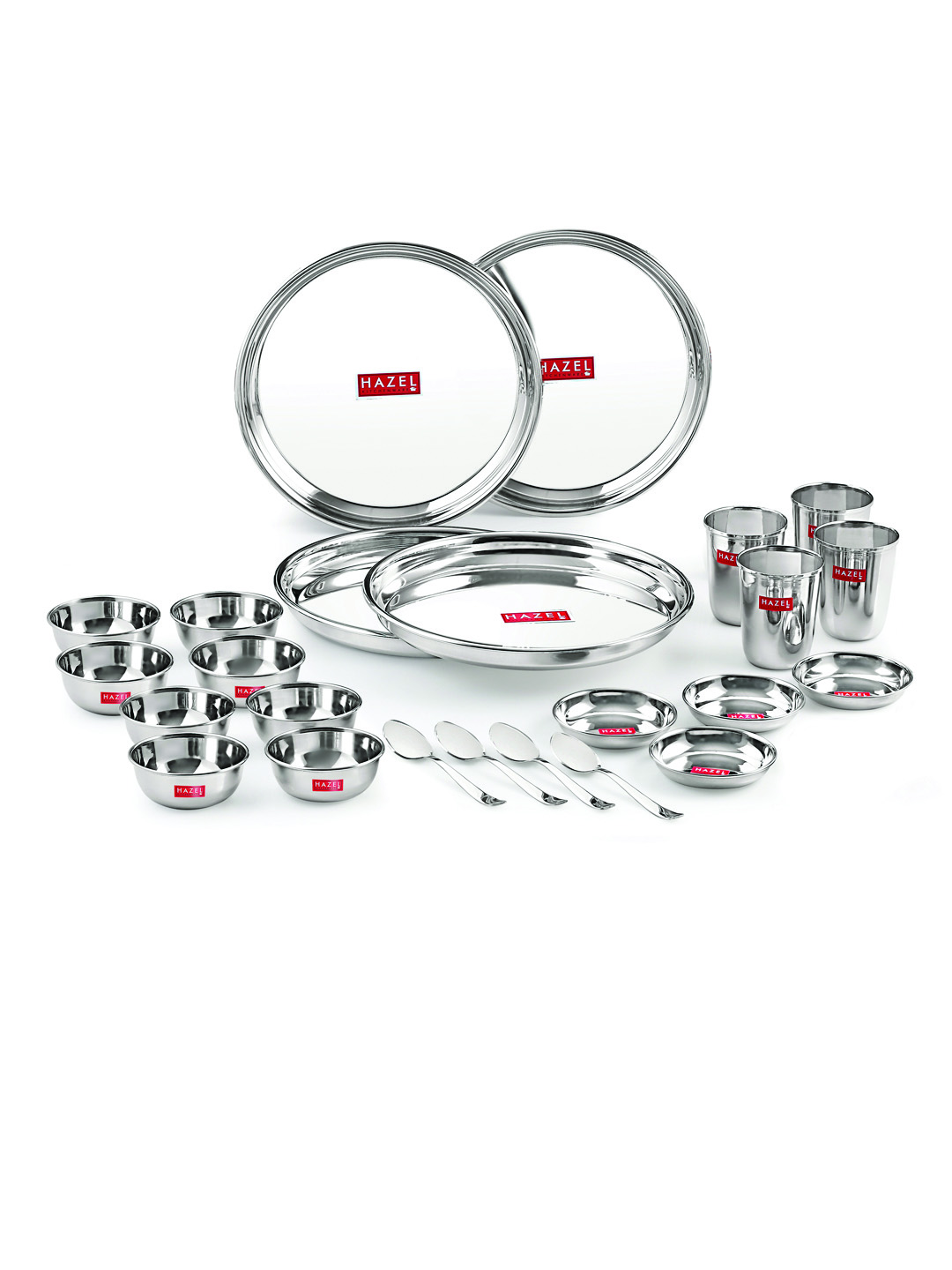 HAZEL Stainless Steel Dinner Set Of 24 | Dinner Set Steel (4 Steel Plate, 4 Steel Glass, 8 Bowl, 4 Dessert Plate, 4 Spoon Set) 24 Pieces, Silver