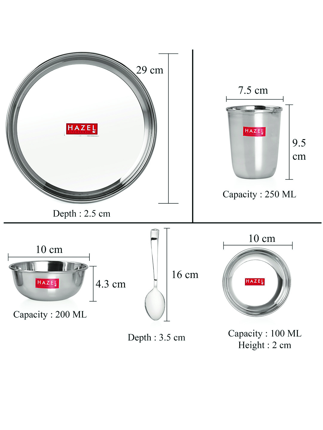 HAZEL Stainless Steel Dinner Set Of 24 | Dinner Set Steel (4 Steel Plate, 4 Steel Glass, 8 Bowl, 4 Dessert Plate, 4 Spoon Set) 24 Pieces, Silver