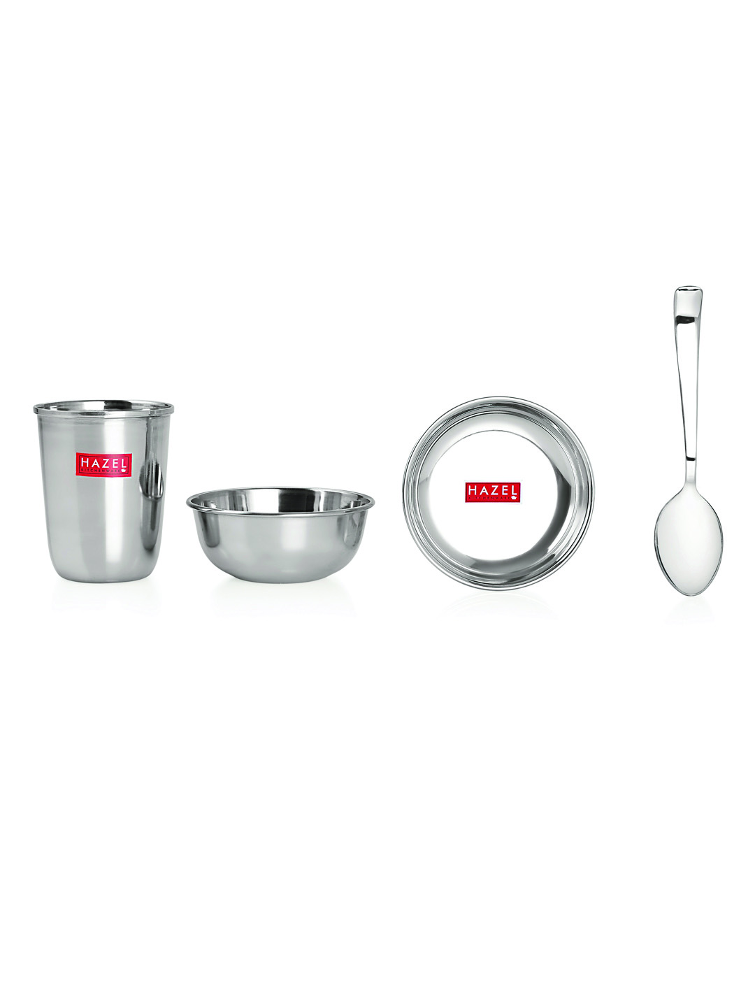 HAZEL Stainless Steel Dinner Set Of 24 | Dinner Set Steel (4 Steel Plate, 4 Steel Glass, 8 Bowl, 4 Dessert Plate, 4 Spoon Set) 24 Pieces, Silver
