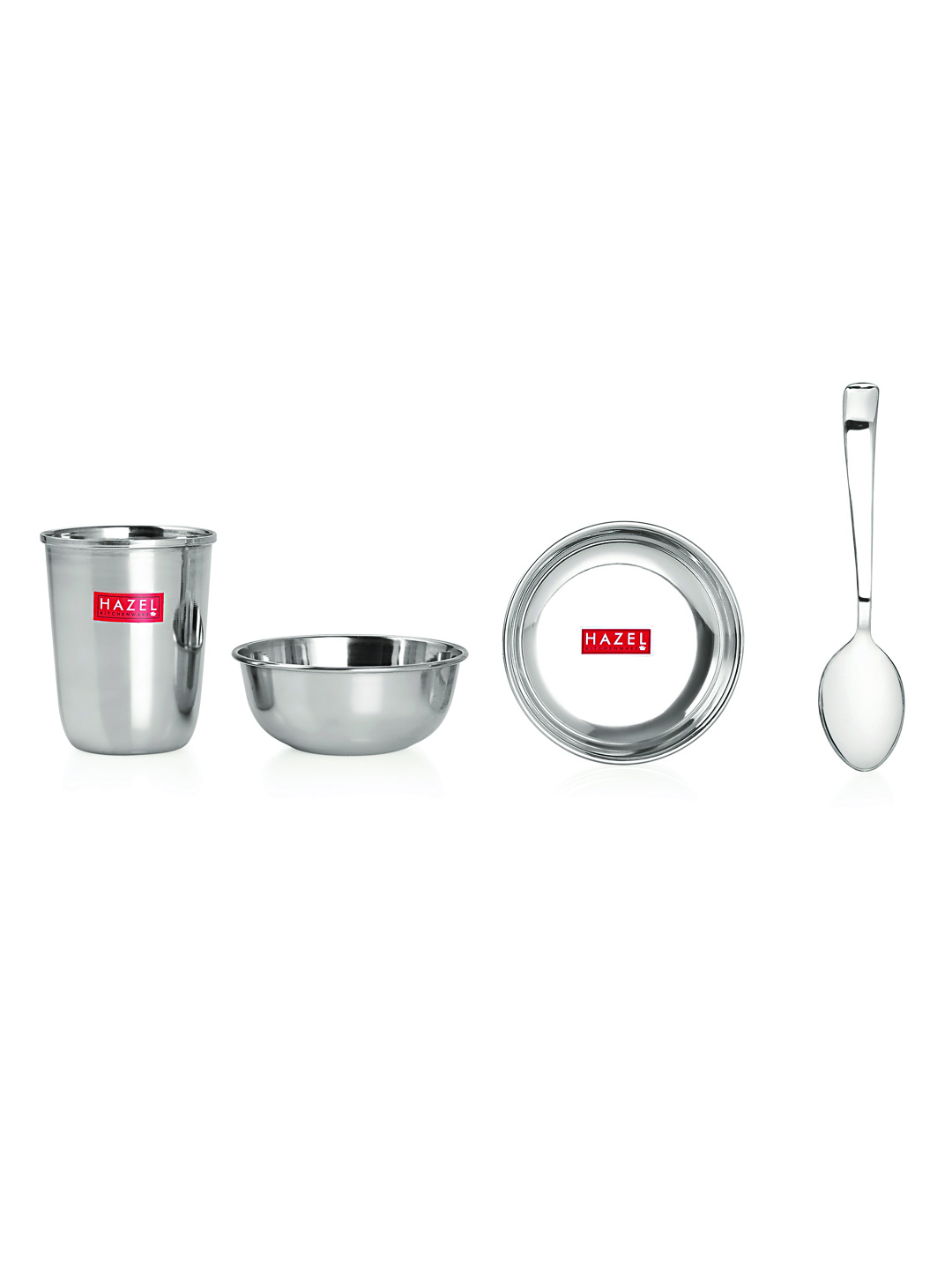 HAZEL Stainless Steel Dinner Set Of 30 | Dinner Set Steel (5 Steel Plate, 5 Steel Glass, 10 Serving Bowl, 5 Dessert Plate, 5 Spoon Set) 30 Pieces, Silver