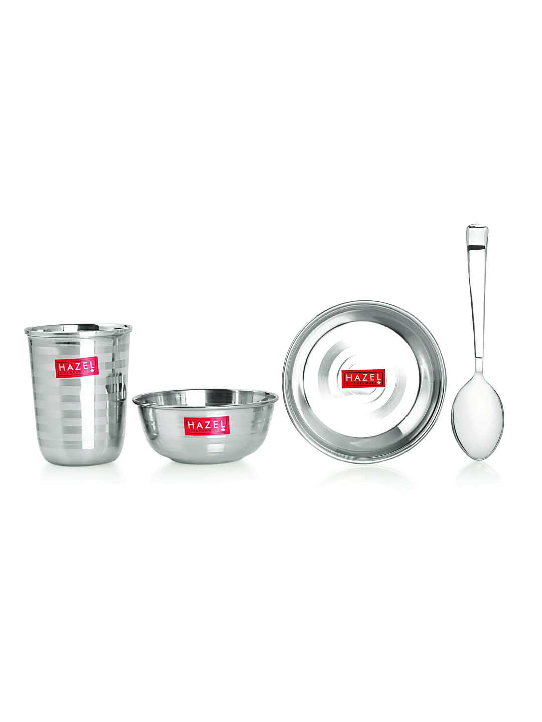 HAZEL Stainless Steel Dinner Set Of 12 | Dinner Set Steel (2 Steel Plate, 4 Bowl, 2 Spoon, 2 Dessert Plate, 2 Steel Glass) 12 Pieces, Silver