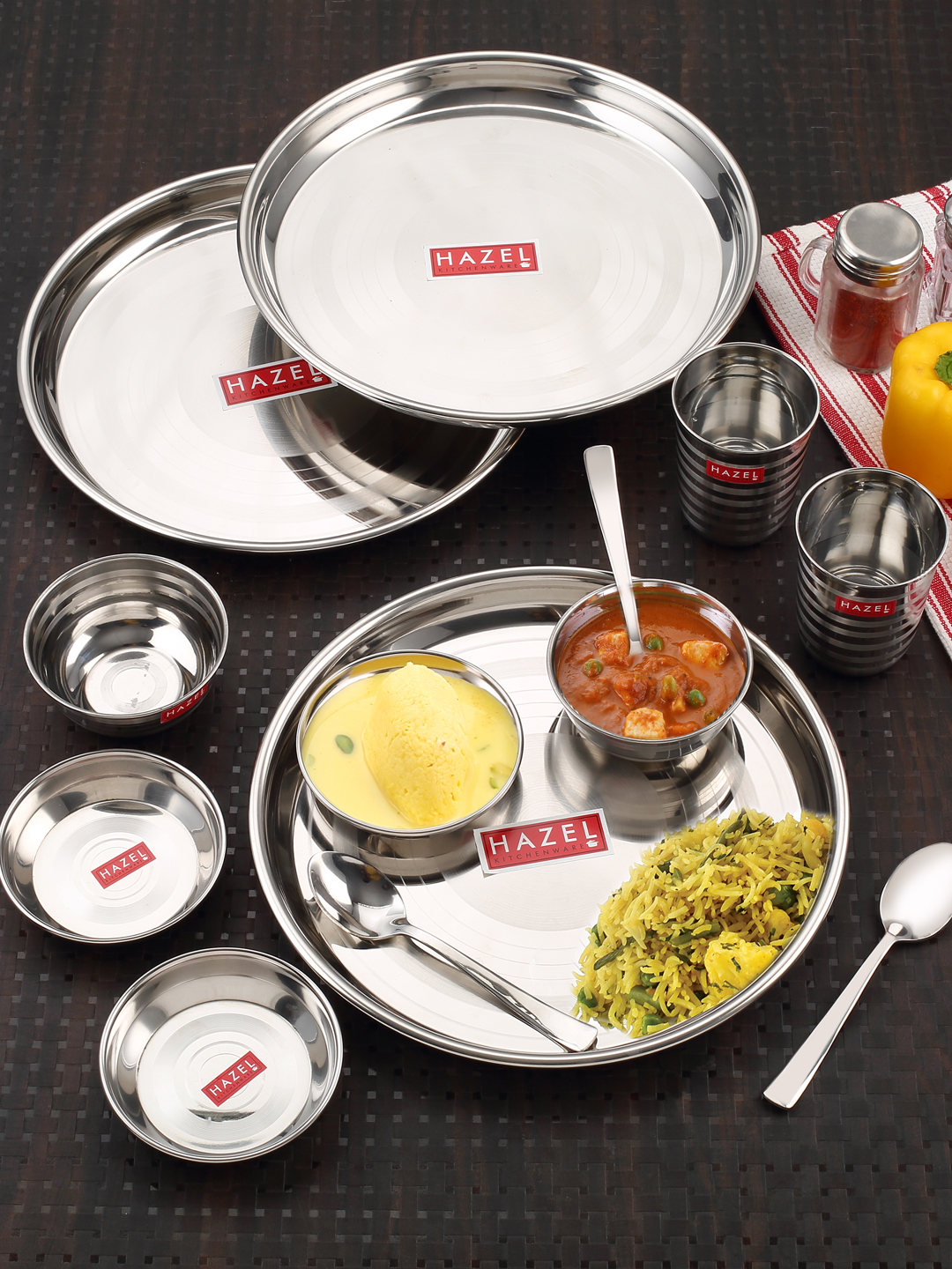 HAZEL Stainless Steel Dinner Set Of 18 | Dinner Set Steel (3 Steel Plate, 6 Bowl, 3 Spoon Set, 3 Dessert Plate, 3 Steel Glass) 18 Pieces, Silver