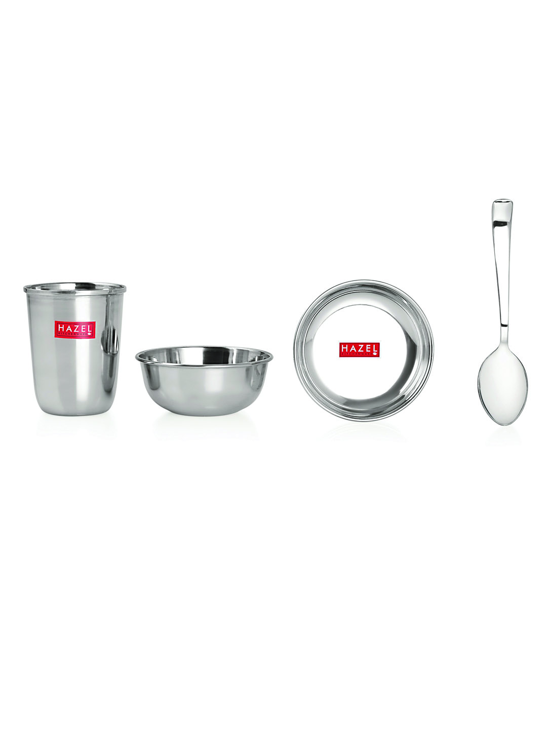 HAZEL Stainless Steel Dinner Set Of 12 | Dinner Set Steel (2 Steel Plate, 2 Steel Glass, 4 Bowl, 2 Dessert Plate, 2 Spoon) 12 Pieces, Silver