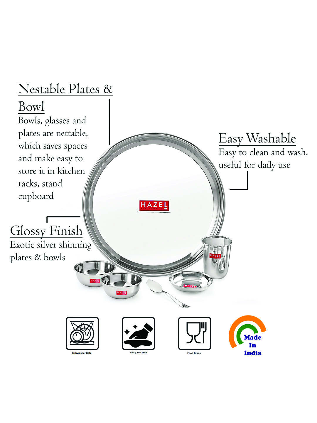 HAZEL Stainless Steel Dinner Set Of 30 | Dinner Set Steel (5 Steel Plate, 5 Steel Glass, 10 Serving Bowl, 5 Dessert Plate, 5 Spoon Set) 30 Pieces, Silver