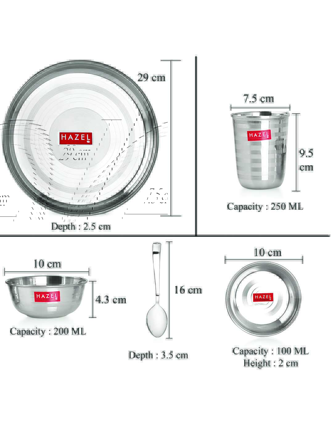 HAZEL Stainless Steel Dinner Set Of 12 | Dinner Set Steel (2 Steel Plate, 4 Bowl, 2 Spoon, 2 Dessert Plate, 2 Steel Glass) 12 Pieces, Silver