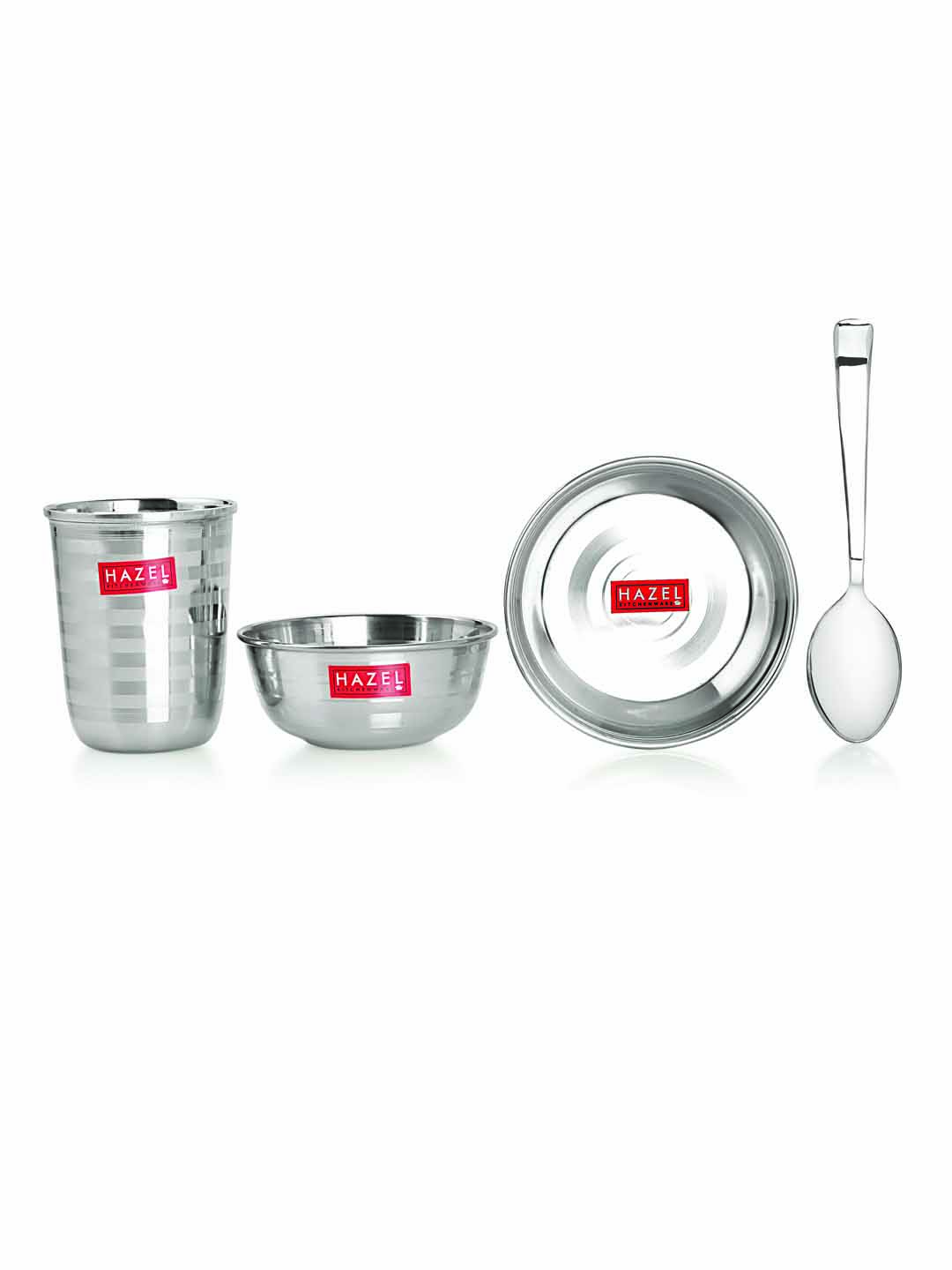 HAZEL Stainless Steel Dinner Set Of 18 | Dinner Set Steel (3 Steel Plate, 6 Bowl, 3 Spoon Set, 3 Dessert Plate, 3 Steel Glass) 18 Pieces, Silver