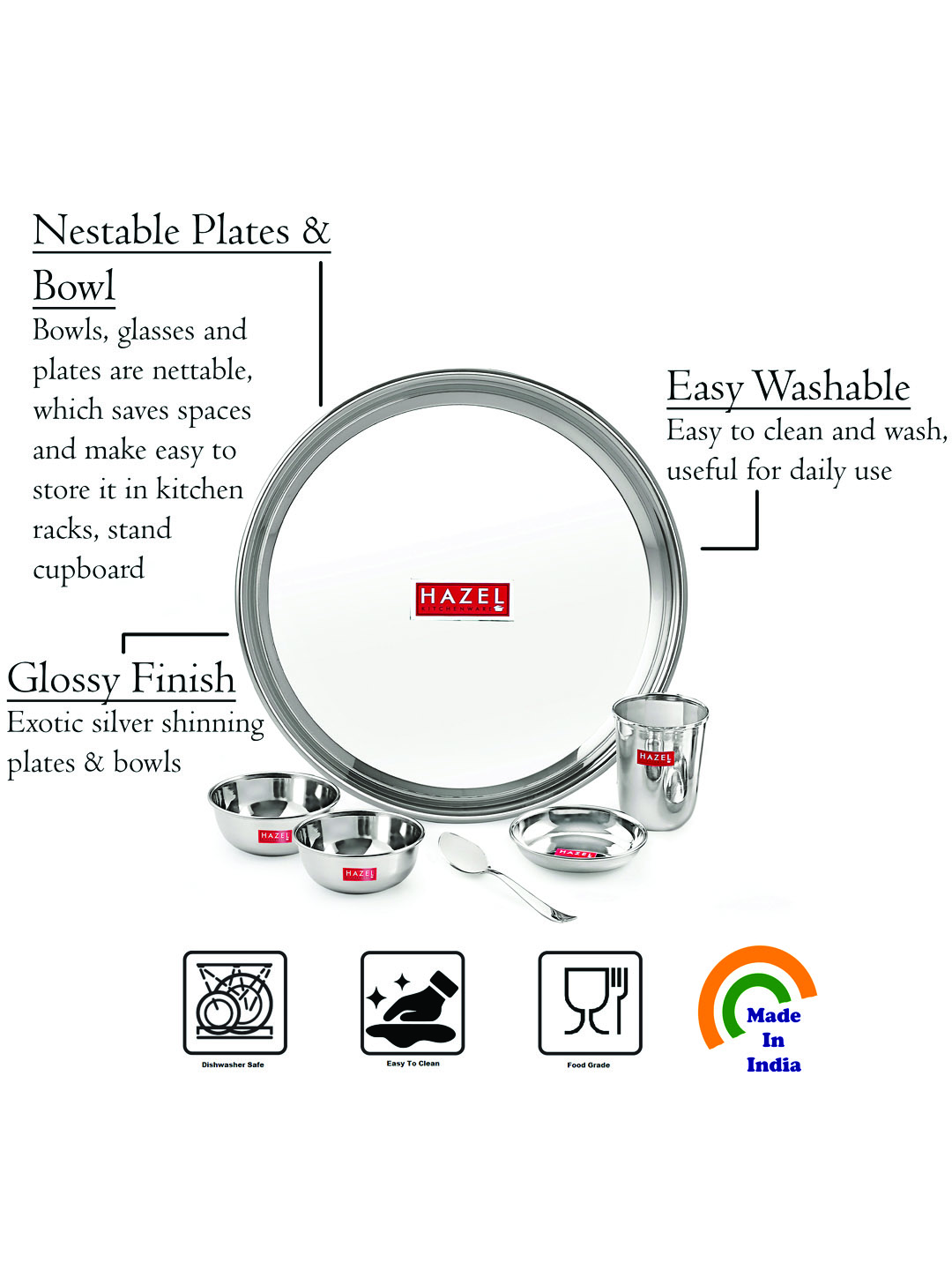 HAZEL Stainless Steel Dinner Set Of 12 | Dinner Set Steel (2 Steel Plate, 2 Steel Glass, 4 Bowl, 2 Dessert Plate, 2 Spoon) 12 Pieces, Silver