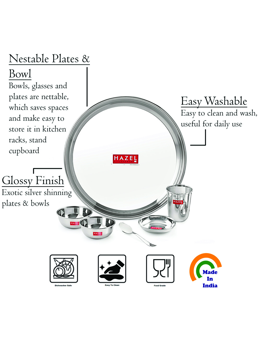 HAZEL Stainless Steel Dinner Set Of 18 | Dinner Set Steel (3 Steel Plate, 3 Steel Glass, 6 Bowl, 3 Dessert Plate, 3 Spoon) 18 Pieces, Silver