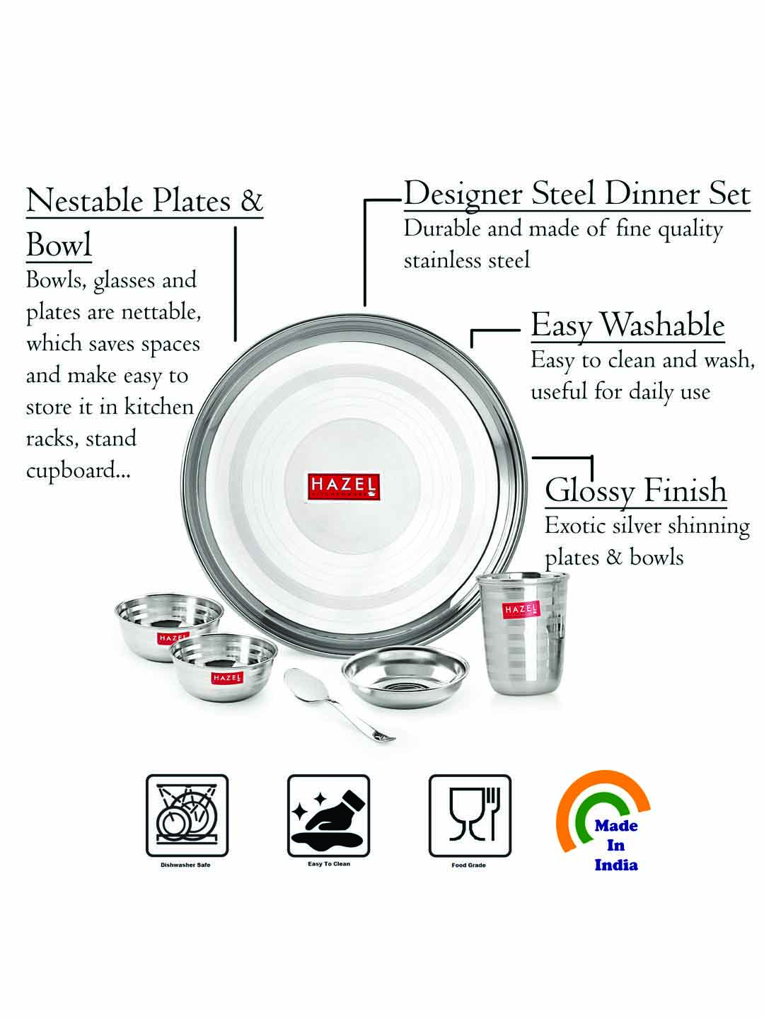 HAZEL Stainless Steel Dinner Set Of 12 | Dinner Set Steel (2 Steel Plate, 4 Bowl, 2 Spoon, 2 Dessert Plate, 2 Steel Glass) 12 Pieces, Silver