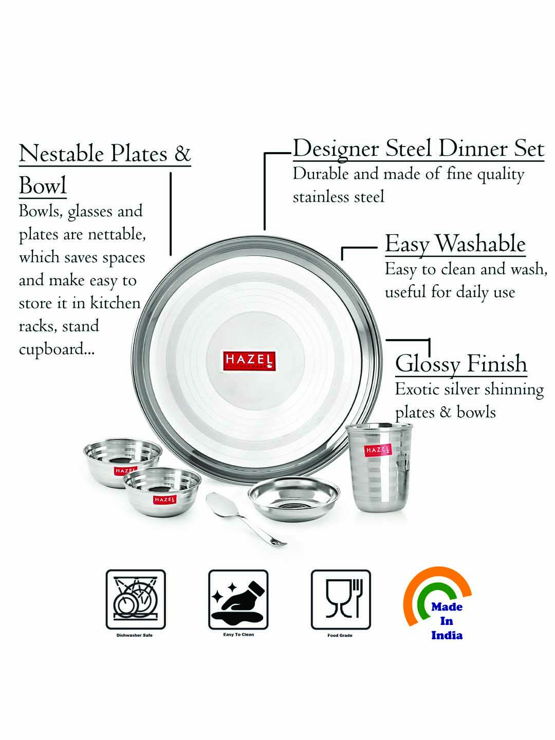 HAZEL Stainless Steel Dinner Set Of 18 | Dinner Set Steel (3 Steel Plate, 6 Bowl, 3 Spoon Set, 3 Dessert Plate, 3 Steel Glass) 18 Pieces, Silver