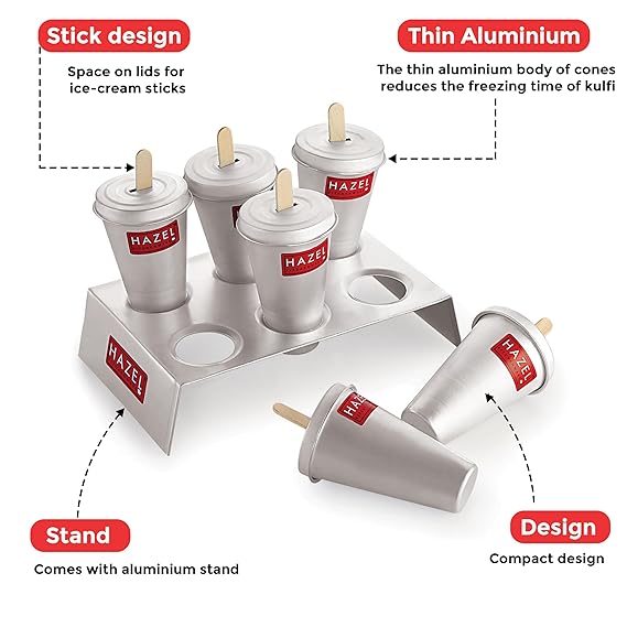 HAZEL Aluminium Kulfi Mould |Kulfi Moulds Set of 6 with Stand & 12 Ice Cream Sticks DIY Kit |Reusable Ice Cream Maker Popsicle Mould