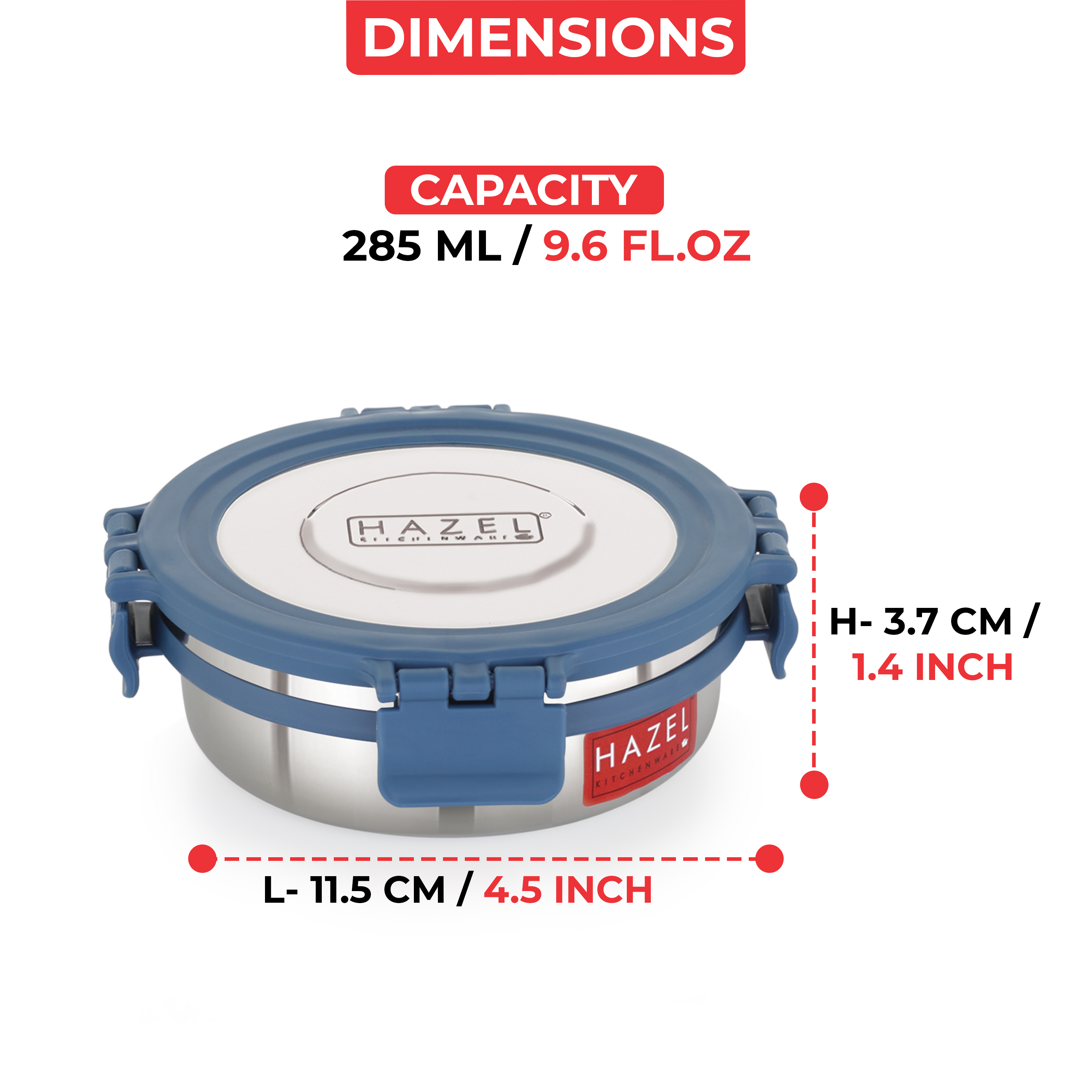HAZEL Airtight Leak Proof Stainless Steel Containers, 285 ML, Lunch Box with Steel Lid, Kitchen Storage