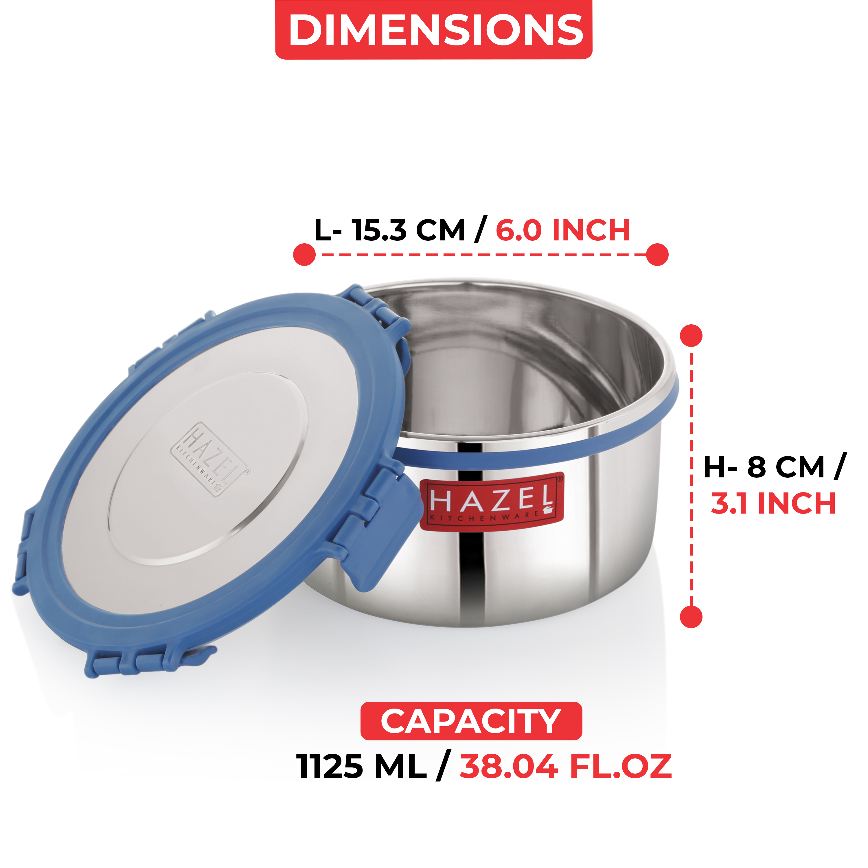 HAZEL Multi-Purpose Stainless Steel Containers with Lid 1100 ML, Leak Proof, Kitchen Storage
