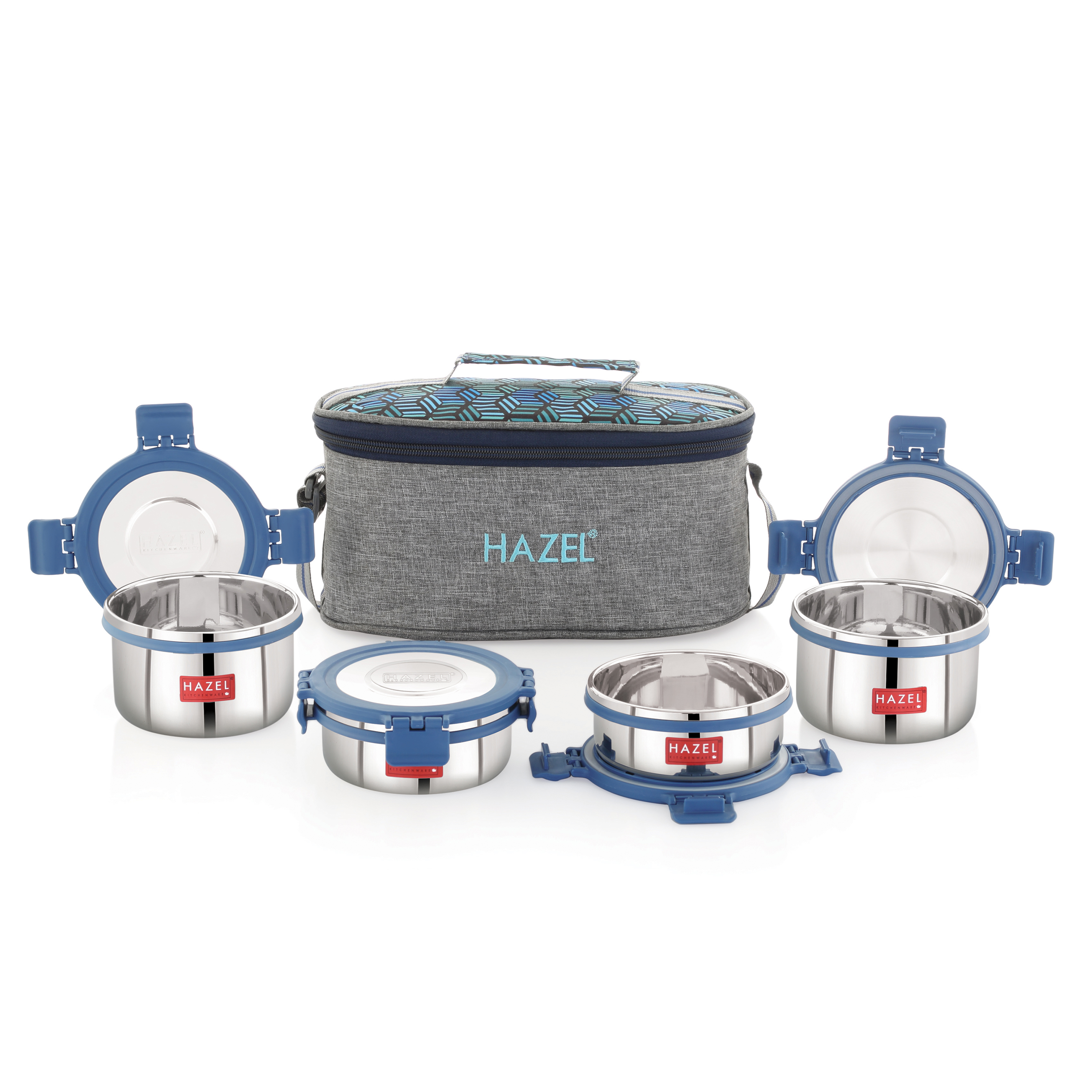 HAZEL Hercules Stainless Steel Lunch Box with Flat Bag | Set of 4, Round | Tiffin Box for Office, School & College