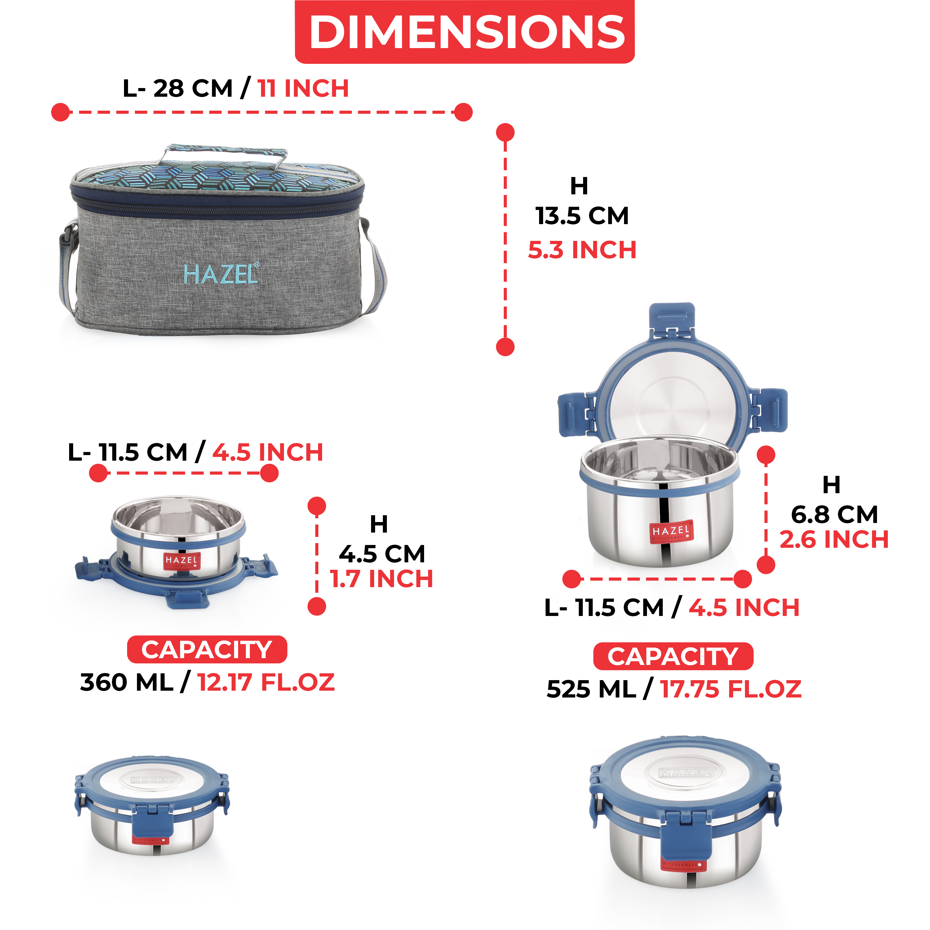 HAZEL Hercules Stainless Steel Lunch Box with Flat Bag | Set of 4, Round | Tiffin Box for Office, School & College