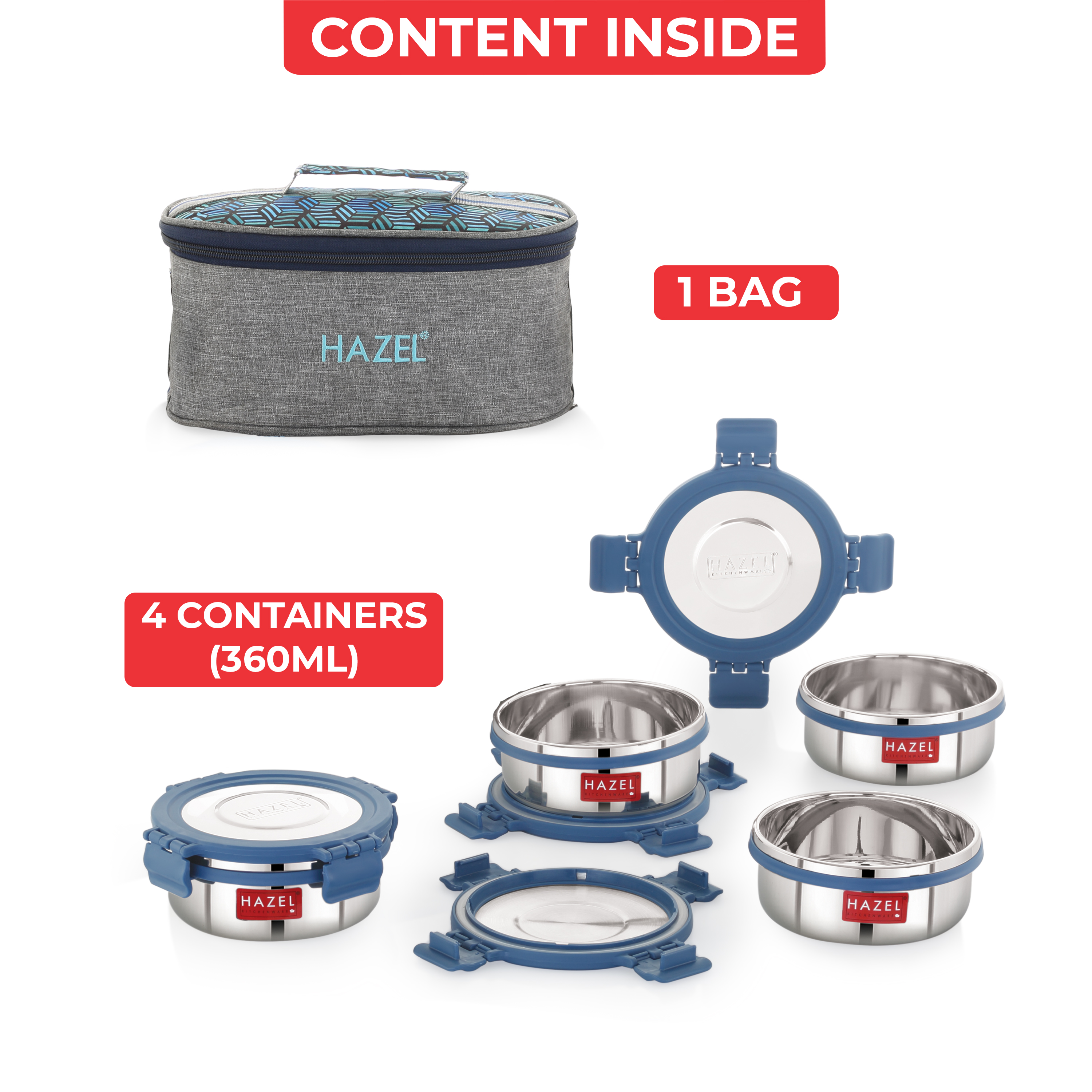 HAZEL Hercules Stainless Steel Lunch Box Set with Flat Bag | 4 Round Containers | Ideal for Office, School & College