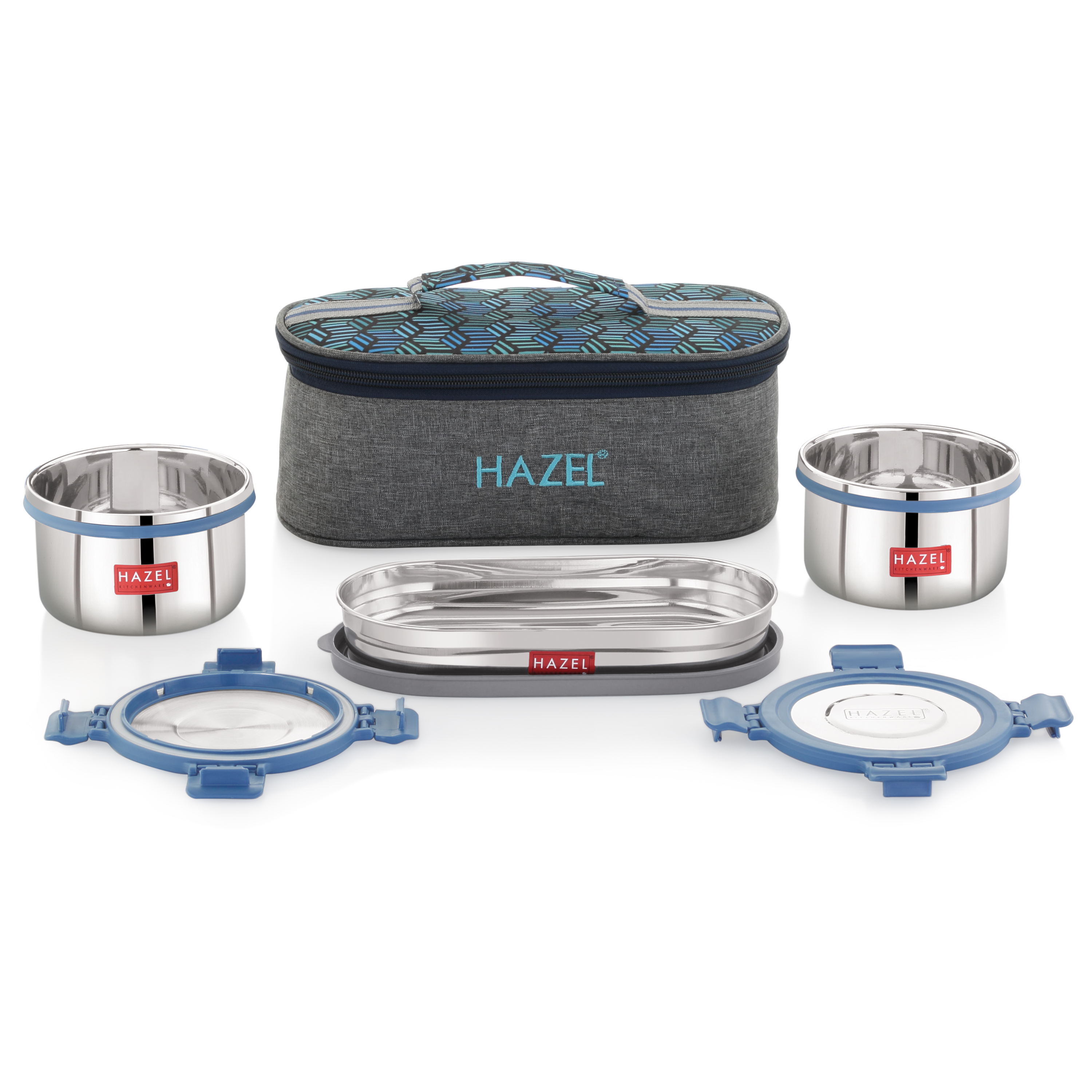 HAZEL Hercules Stainless Steel Lunch Box Set with Roti Dabba & Flat Bag | 3-Piece Leak-Proof Container Set