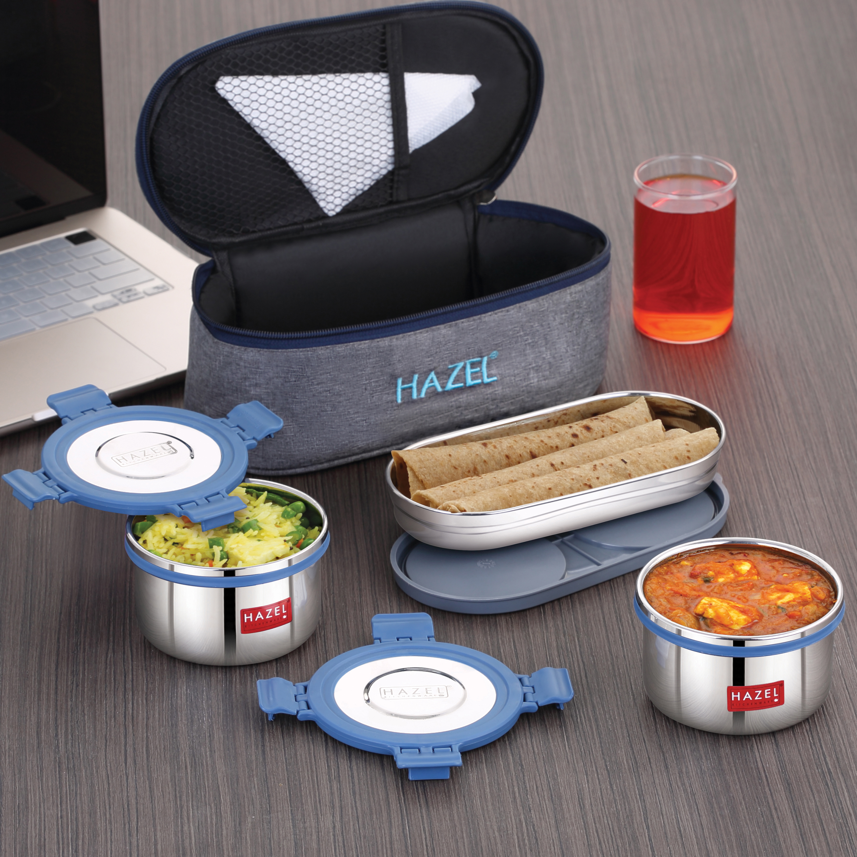 HAZEL Hercules Stainless Steel Lunch Box Set with Roti Dabba & Flat Bag | 3-Piece Leak-Proof Container Set
