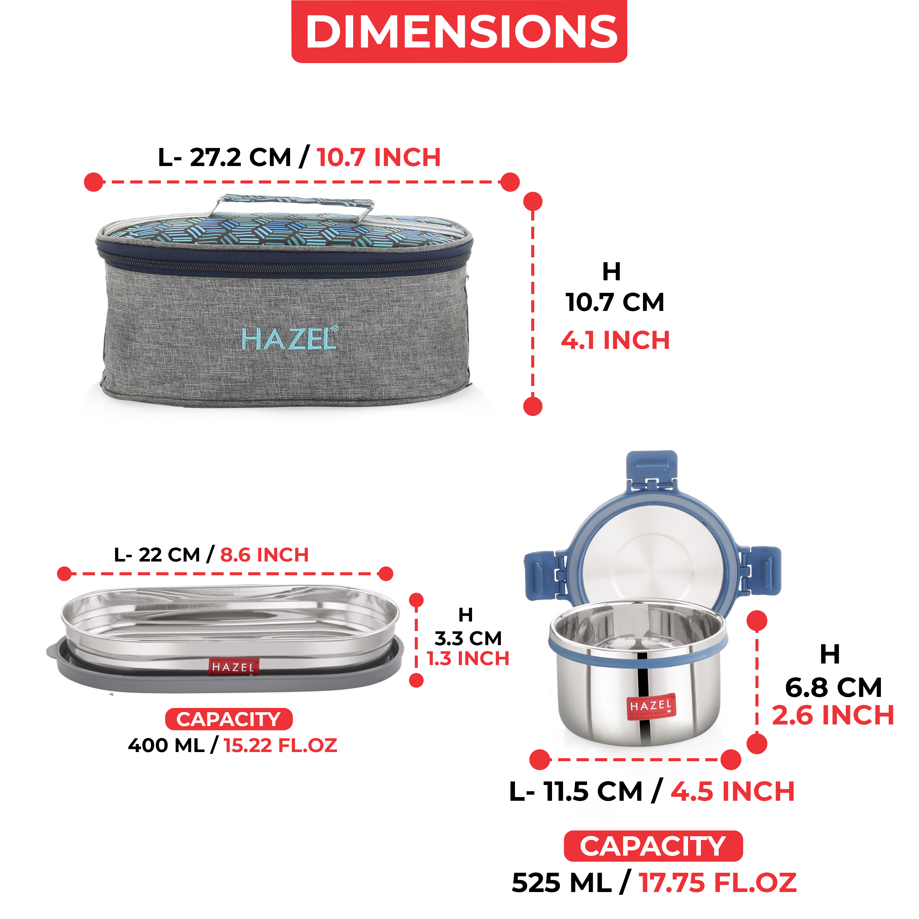 HAZEL Hercules Stainless Steel Lunch Box Set with Roti Dabba & Flat Bag | 3-Piece Leak-Proof Container Set