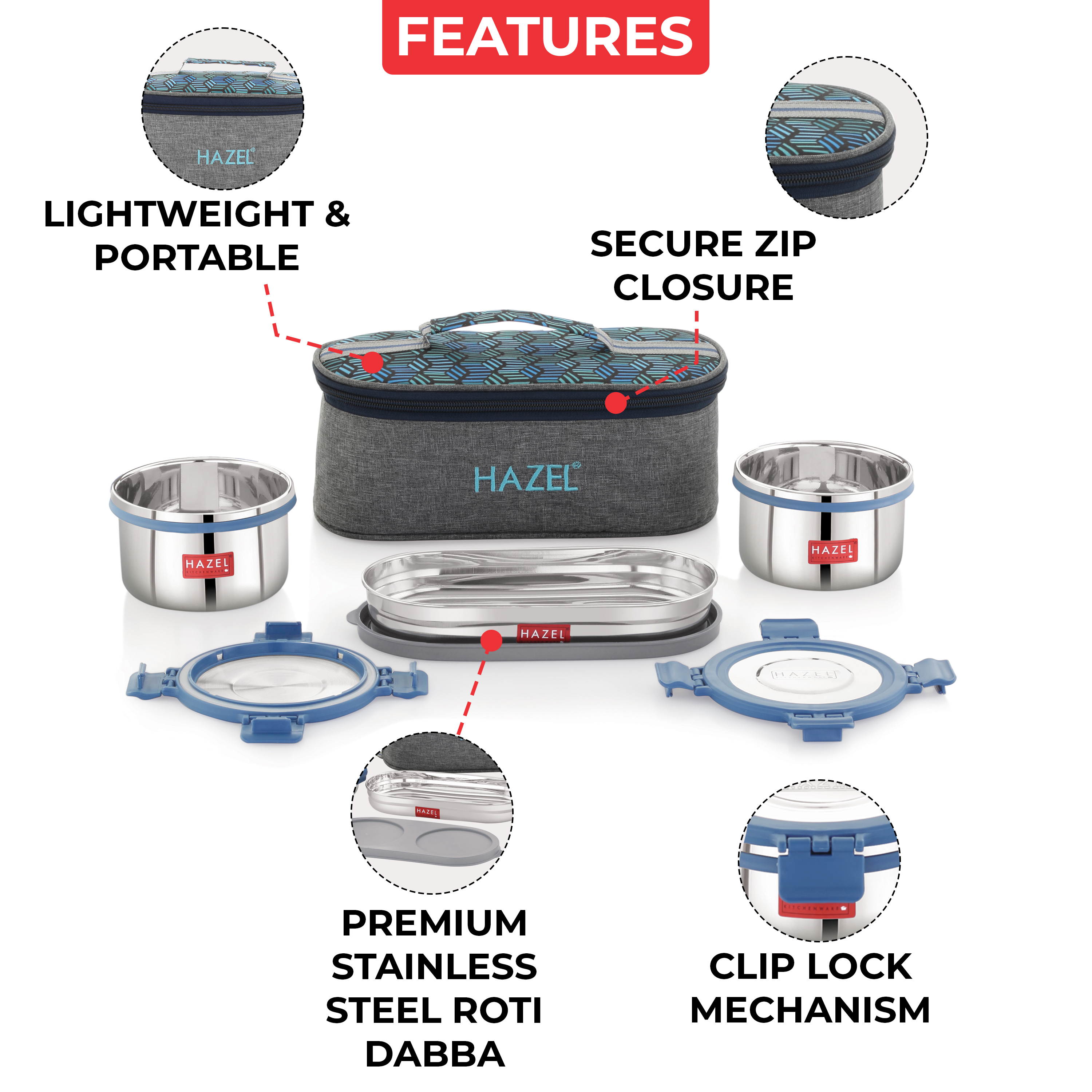 HAZEL Hercules Stainless Steel Lunch Box Set with Roti Dabba & Flat Bag | 3-Piece Leak-Proof Container Set