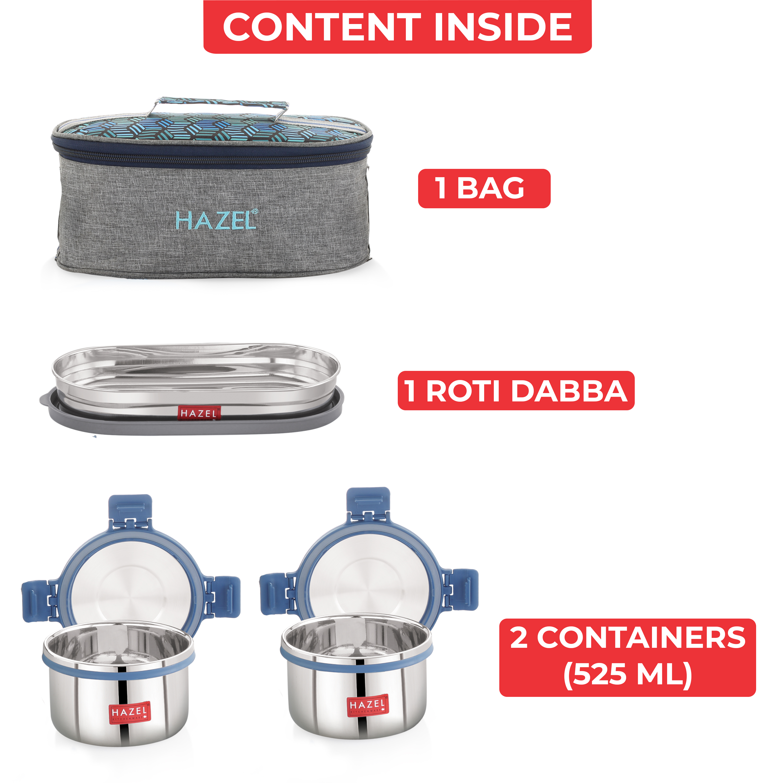 HAZEL Hercules Stainless Steel Lunch Box Set with Roti Dabba & Flat Bag | 3-Piece Leak-Proof Container Set