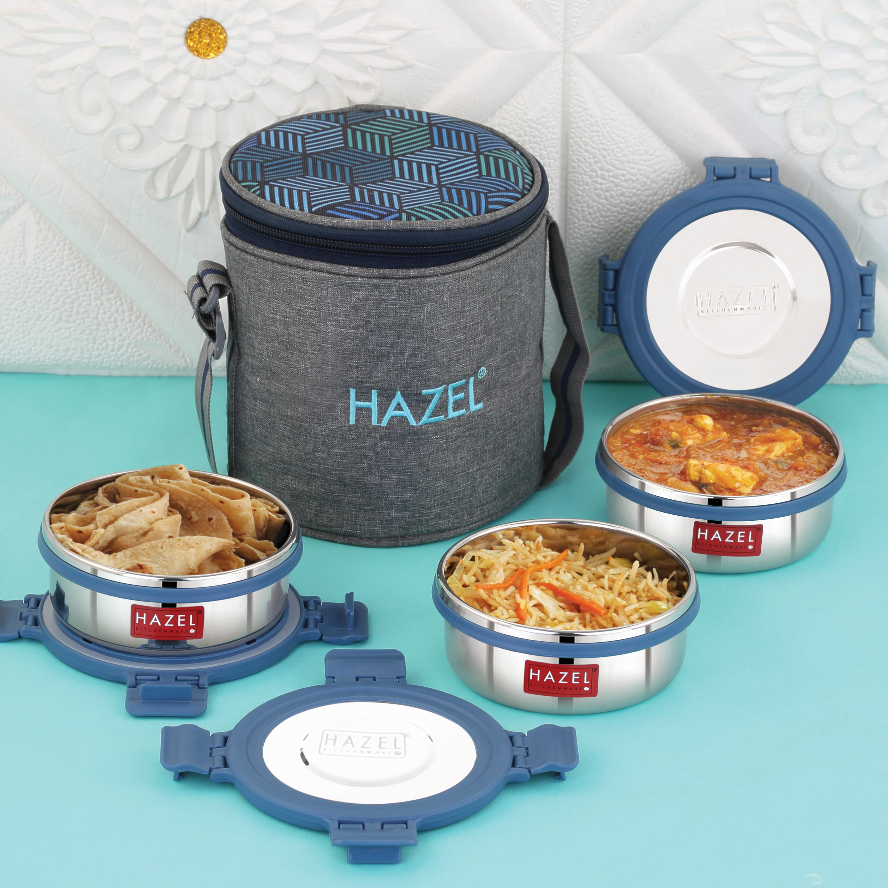 HAZEL Hercules Stainless Steel Lunch Box with Verticle Bag | Set of 3, Round | Tiffin Box for Office, School & College