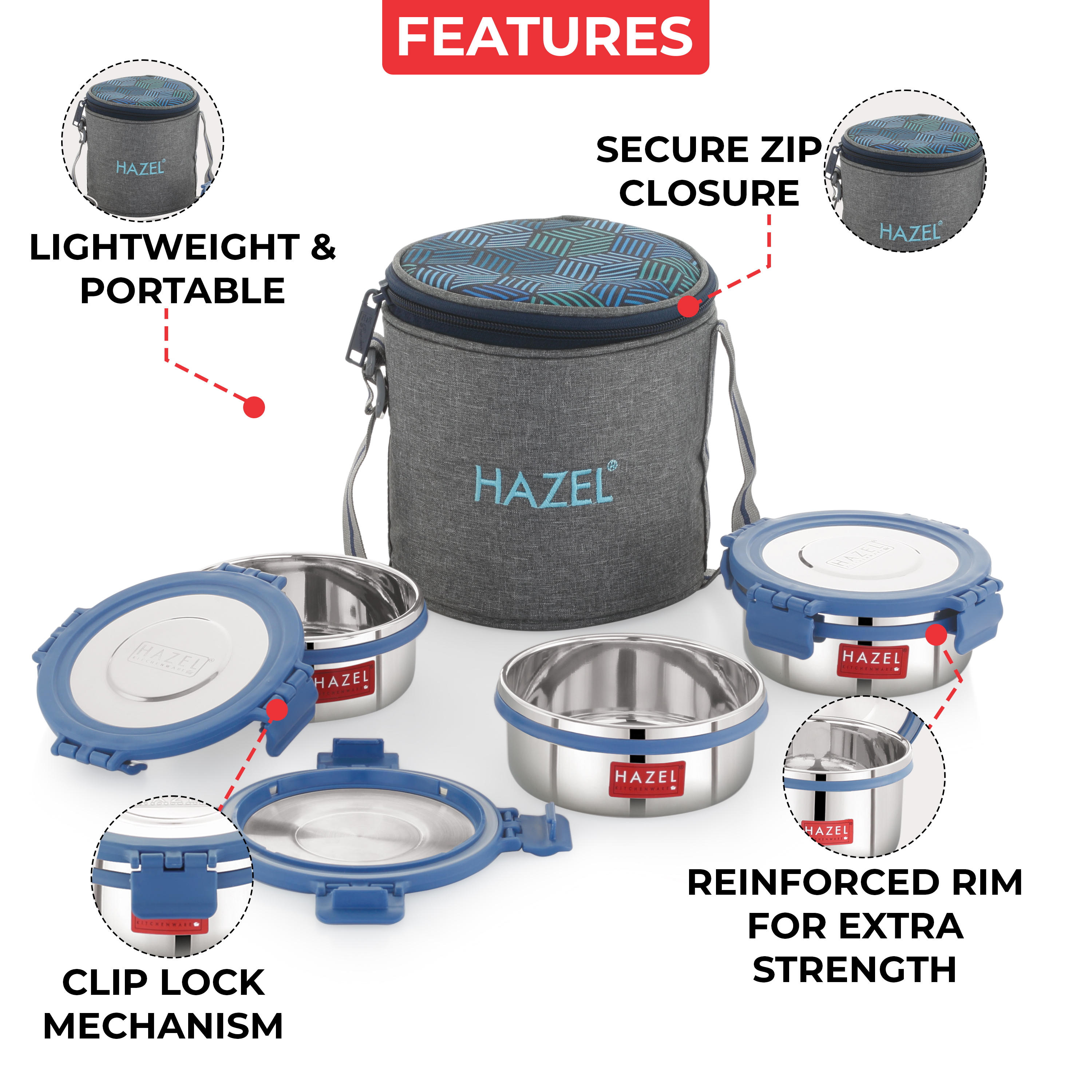 HAZEL Hercules Stainless Steel Lunch Box with Verticle Bag | Set of 3, Round | Tiffin Box for Office, School & College