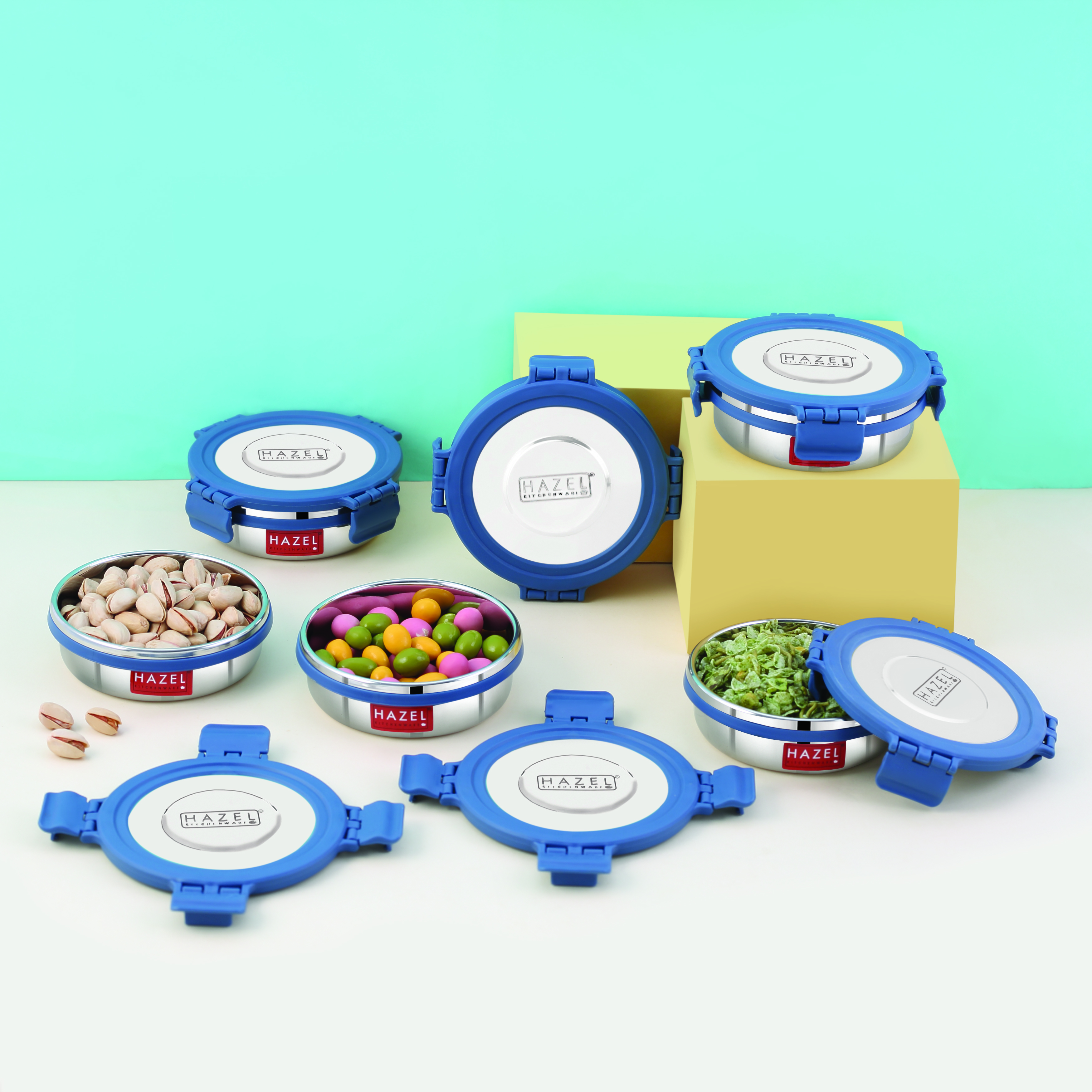 HAZEL Airtight Leak Proof Stainless Steel Containers, 285 ML, Lunch Box with Steel Lid, Set of 6