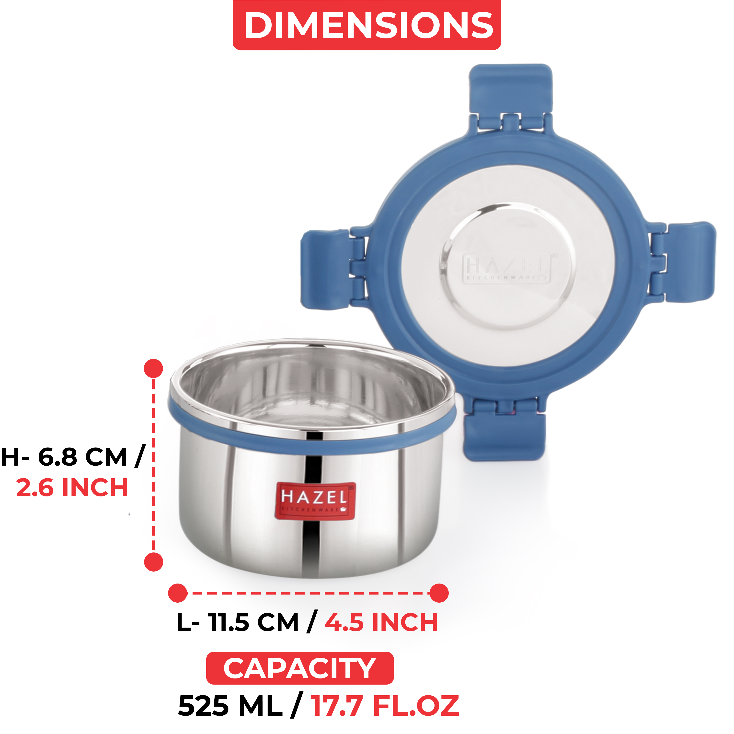 HAZEL Stainless Steel Storage Containers for Kitchen, Air Tight & Leak Proof, 525 Ml, Tiffin Box, Set of 2