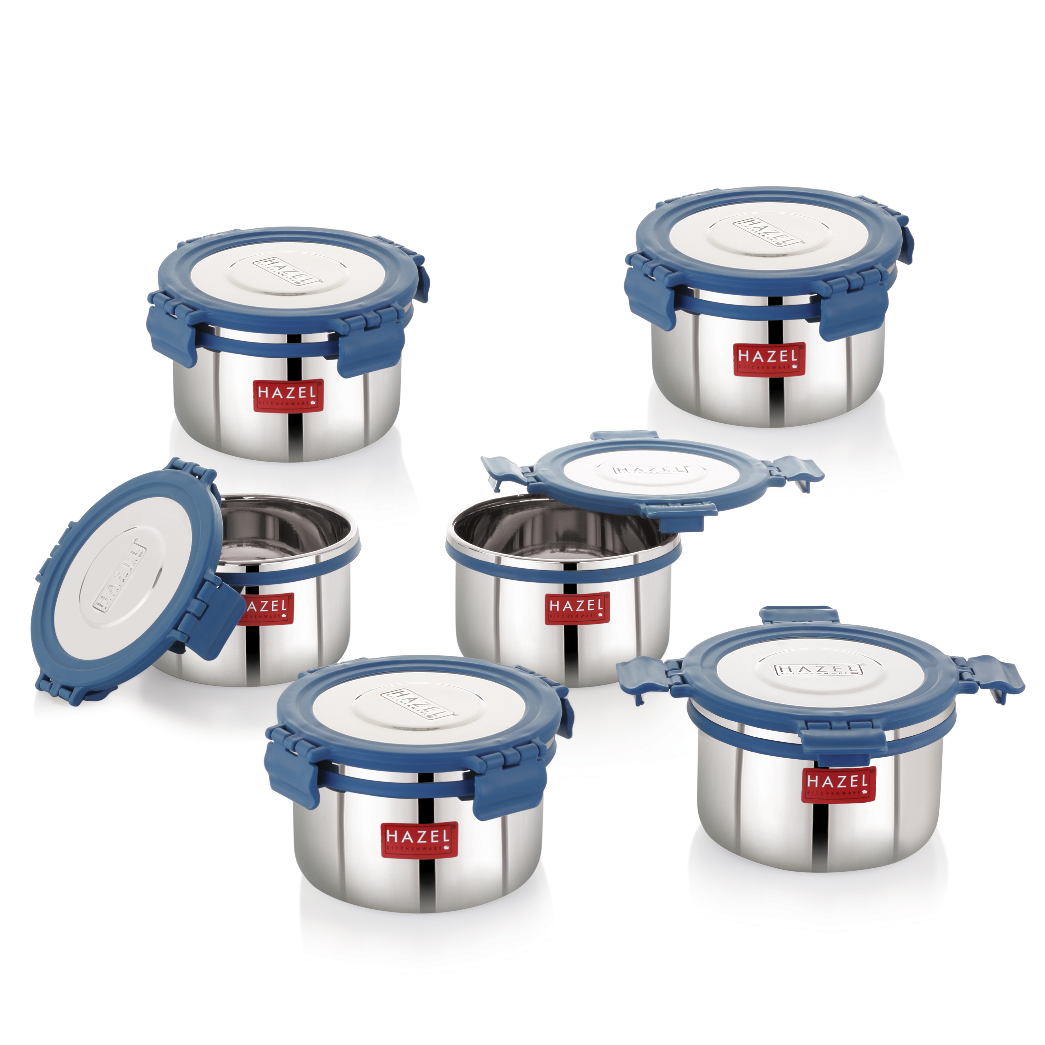 HAZEL Stainless Steel Storage Containers for Kitchen, Air Tight & Leak Proof, 525 Ml, Tiffin Box, Set of 6
