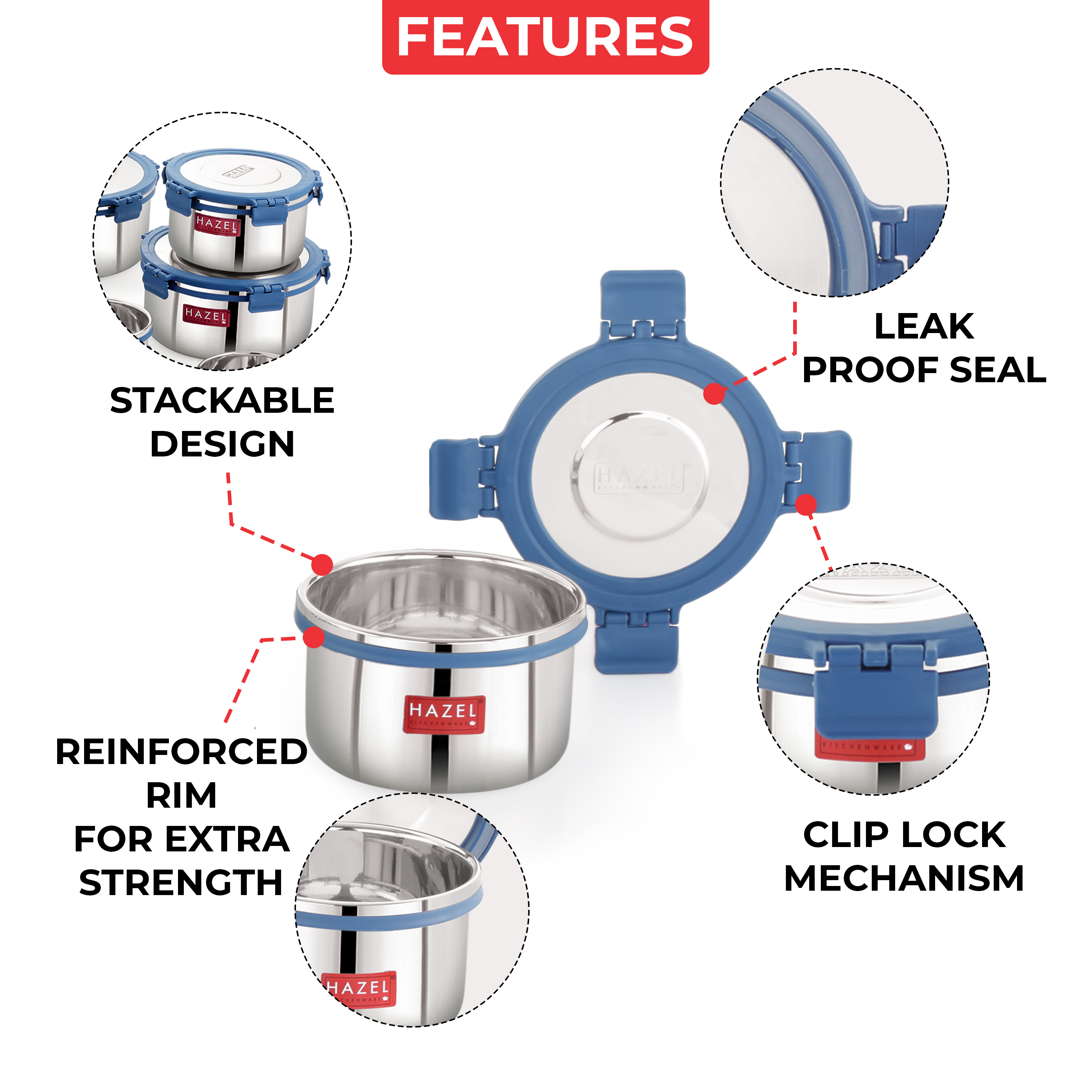 HAZEL Stainless Steel Storage Containers for Kitchen, Air Tight & Leak Proof, 525 Ml, Tiffin Box, Silver