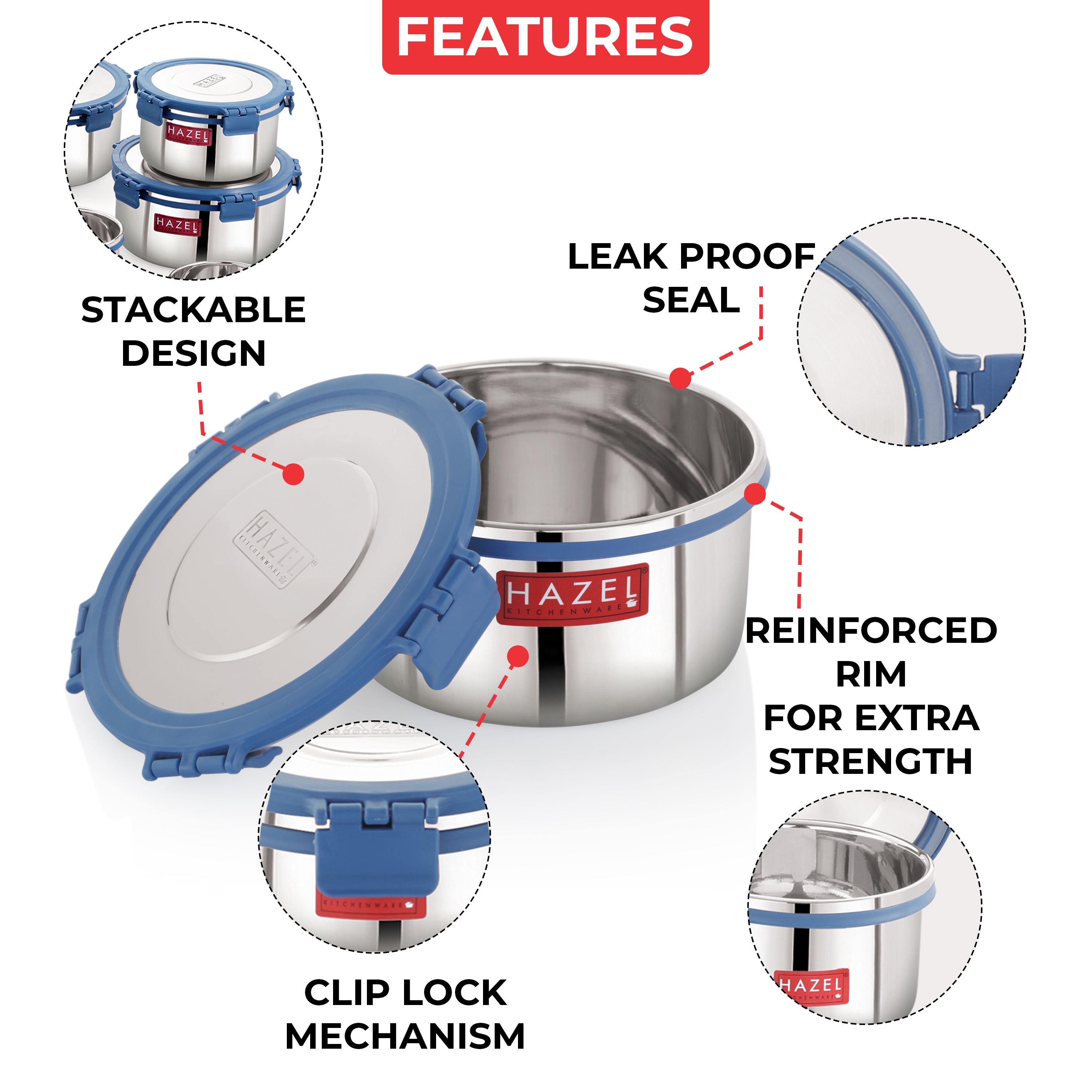HAZEL Multi-Purpose Stainless Steel Containers with Lid 1100 ML, Leak Proof, Kitchen Storage