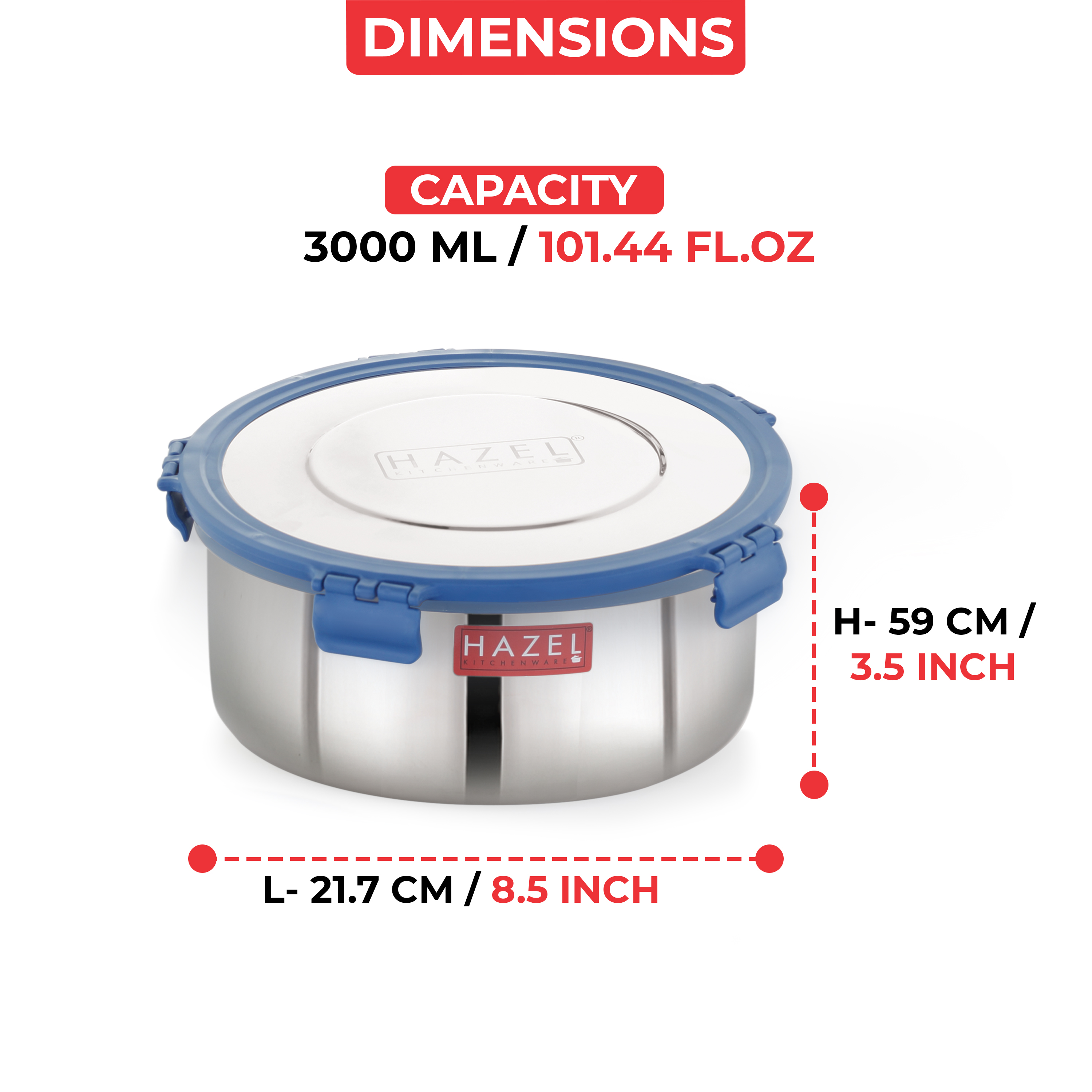 HAZEL Hercules Stainless Steel Wafer & Chips Snack Storage Container, 3000 Ml, Airtight Dabba, Silver