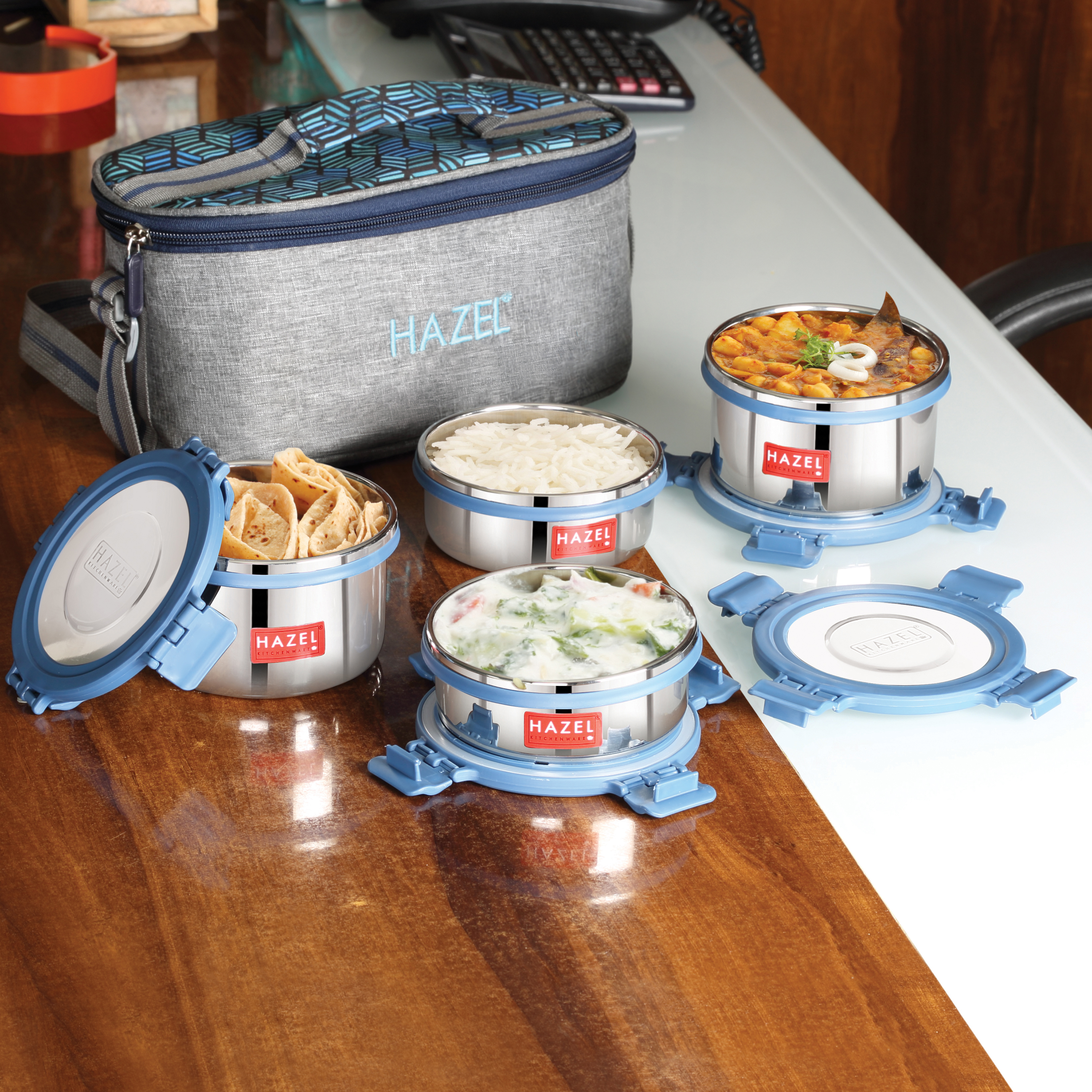 HAZEL Hercules Stainless Steel Lunch Box with Flat Bag | Set of 4, Round | Tiffin Box for Office, School & College