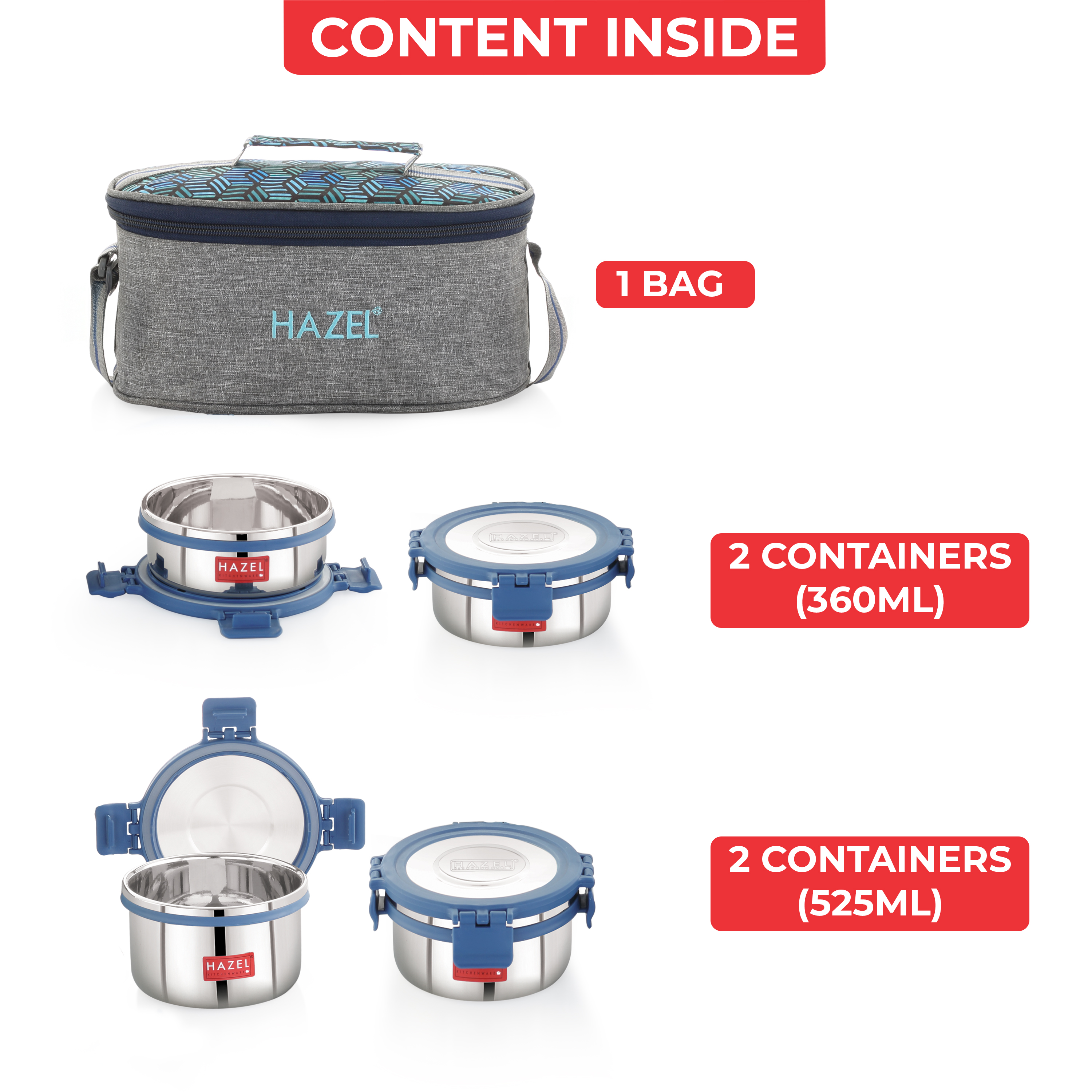 HAZEL Hercules Stainless Steel Lunch Box with Flat Bag | Set of 4, Round | Tiffin Box for Office, School & College