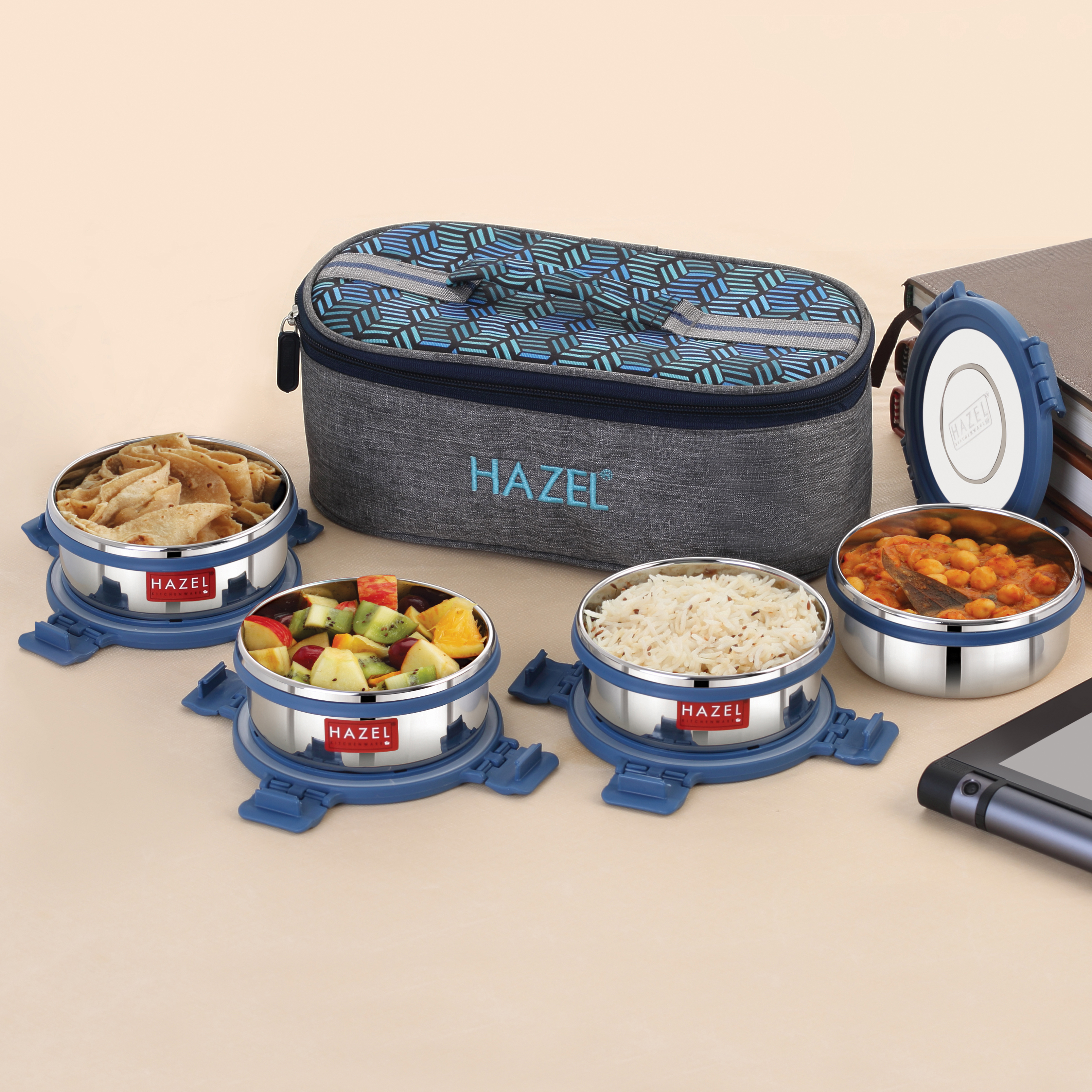 HAZEL Hercules Stainless Steel Lunch Box Set with Flat Bag | 4 Round Containers | Ideal for Office, School & College