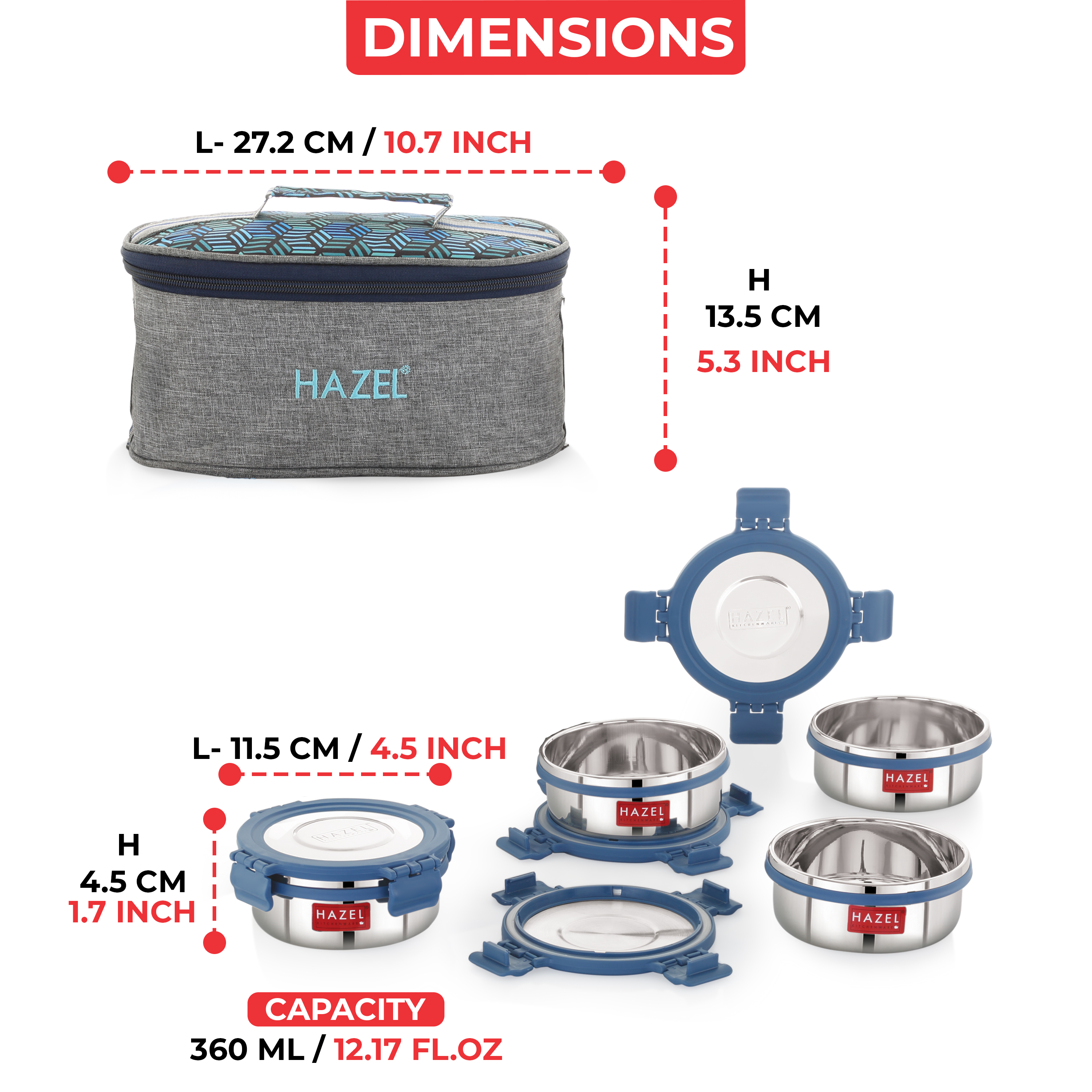 HAZEL Hercules Stainless Steel Lunch Box Set with Flat Bag | 4 Round Containers | Ideal for Office, School & College