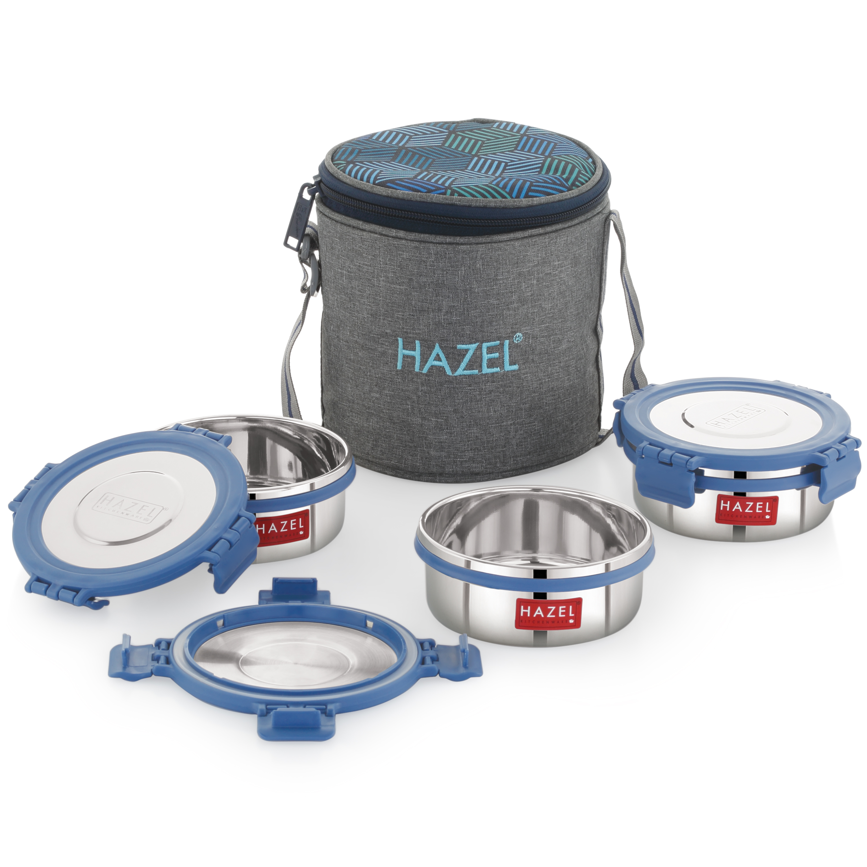 HAZEL Hercules Stainless Steel Lunch Box with Verticle Bag | Set of 3, Round | Tiffin Box for Office, School & College