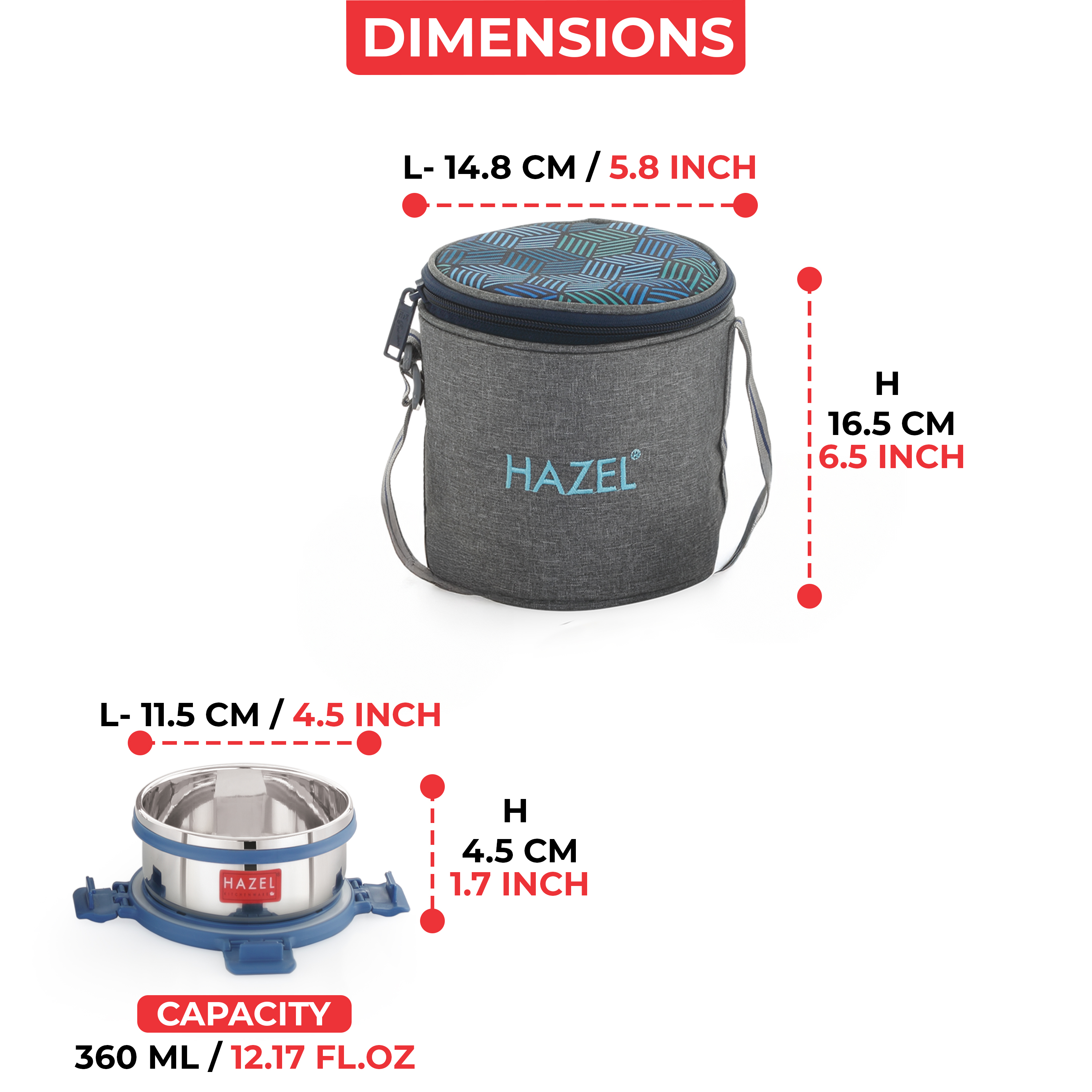 HAZEL Hercules Stainless Steel Lunch Box with Verticle Bag | Set of 3, Round | Tiffin Box for Office, School & College