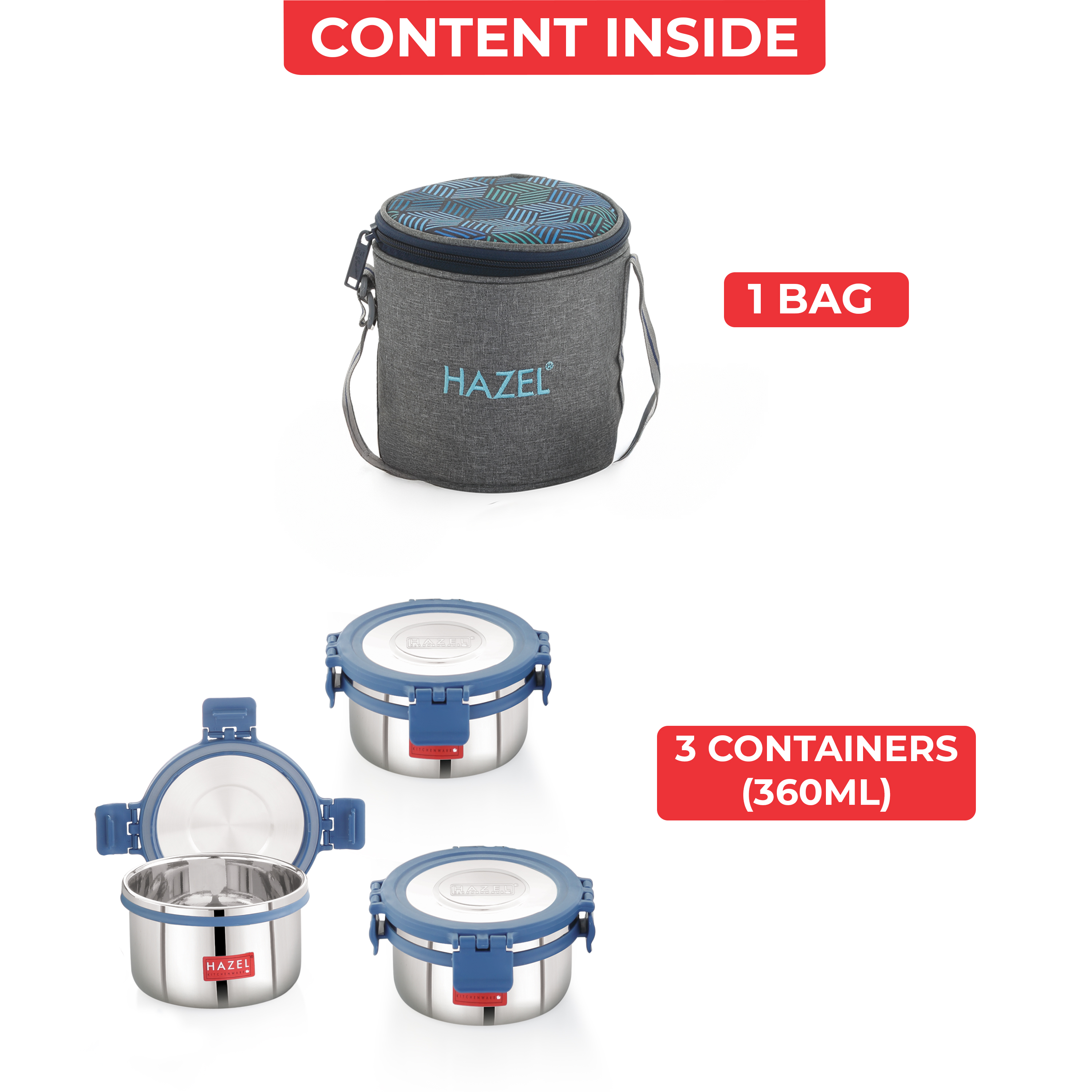 HAZEL Hercules Stainless Steel Lunch Box with Verticle Bag | Set of 3, Round | Tiffin Box for Office, School & College