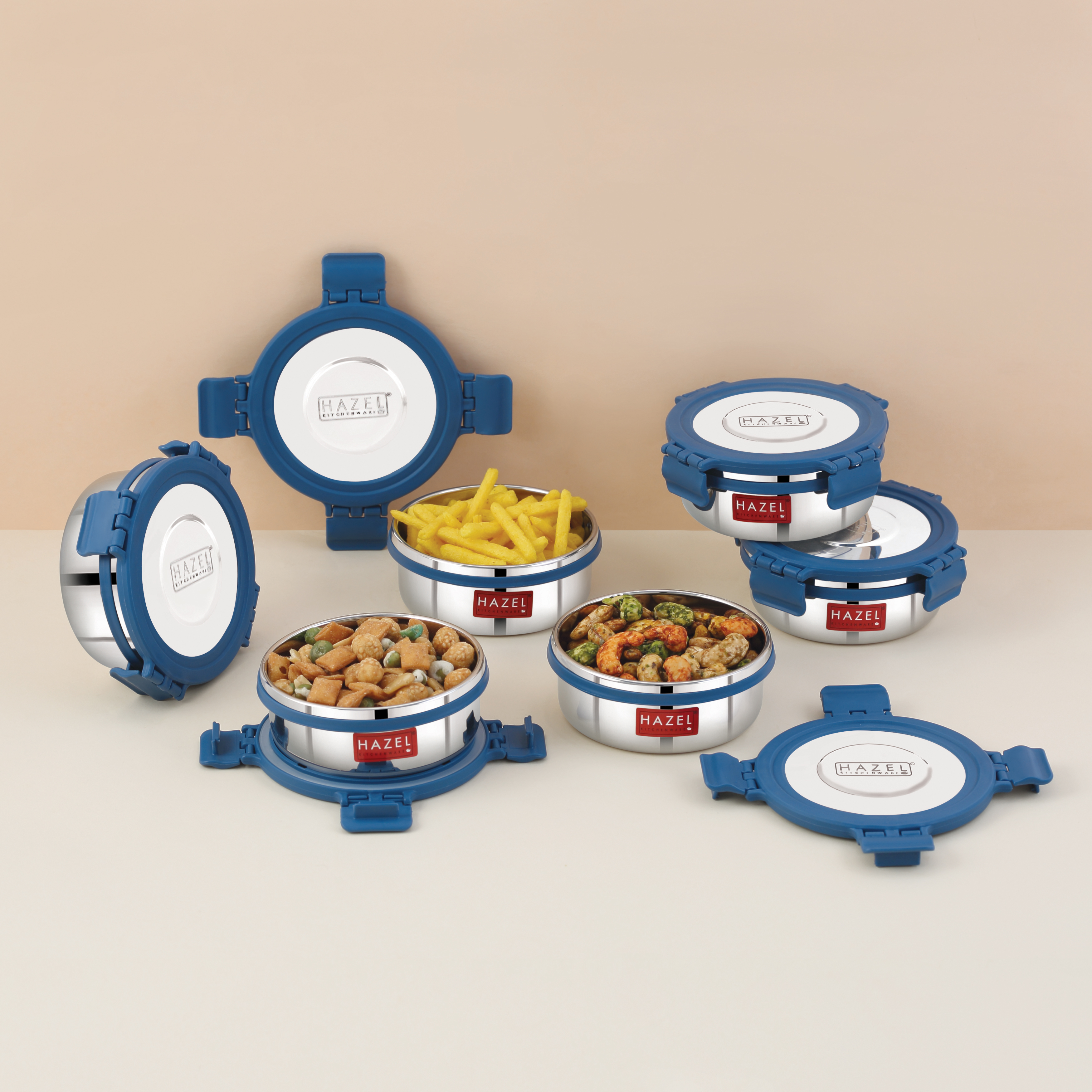 HAZEL Stainless Steel Storage Containers for Kitchen, Air Tight & Leak Proof, 360 Ml, Tiffin Box Set of 6