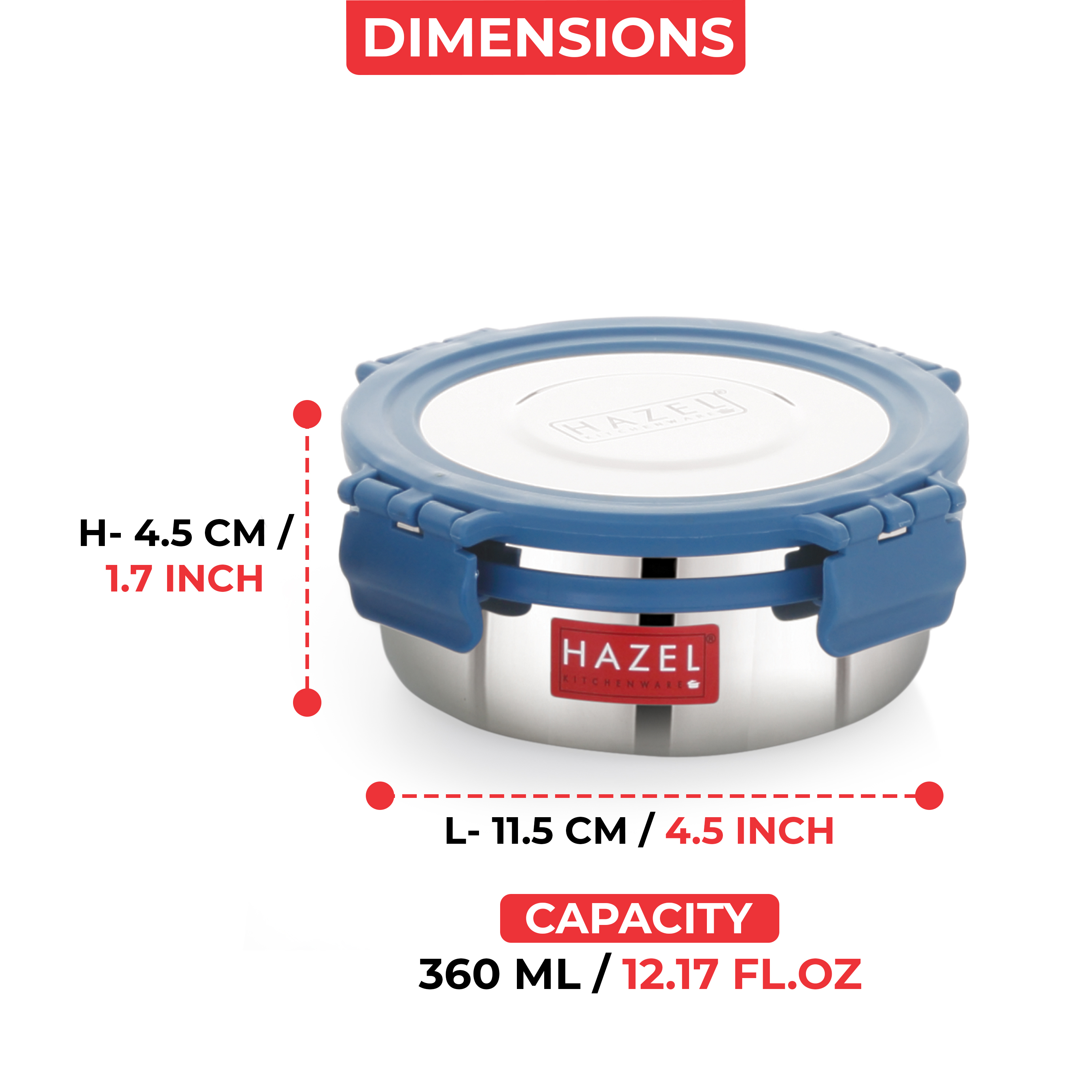 HAZEL Stainless Steel Storage Containers for Kitchen, Air Tight & Leak Proof, 360 Ml, Tiffin Box Set of 6