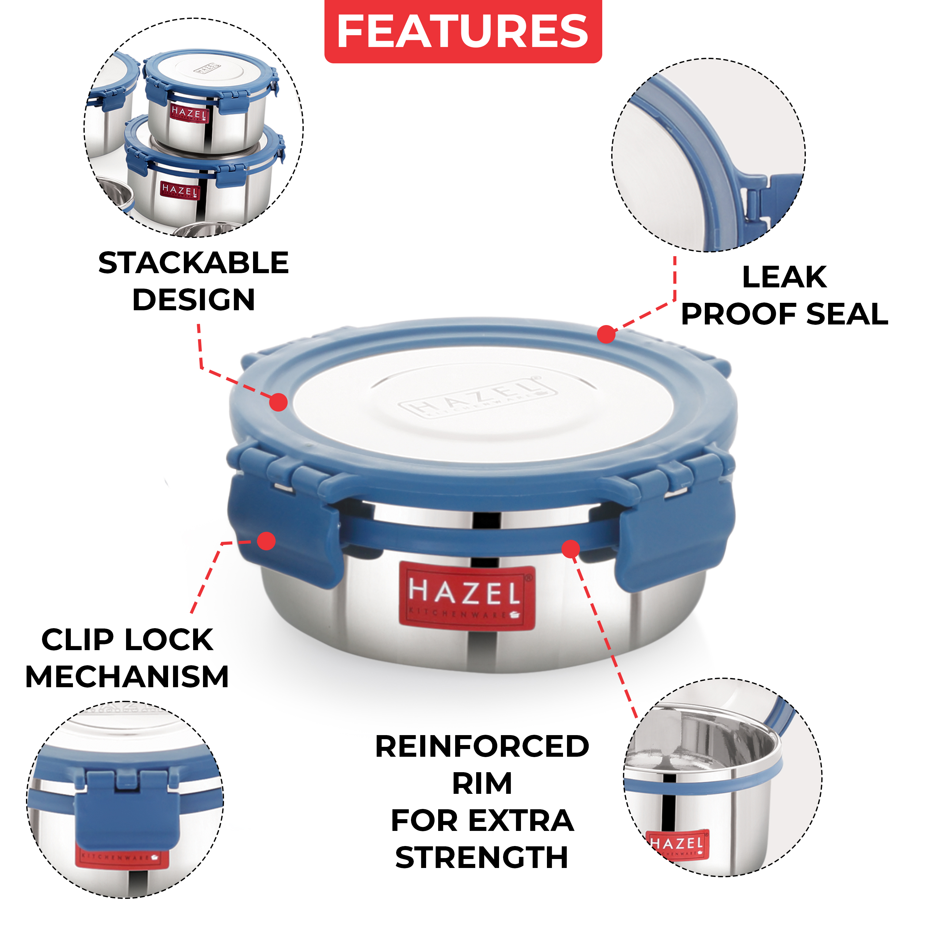 HAZEL Stainless Steel Storage Containers for Kitchen, Air Tight & Leak Proof, 360 Ml, Tiffin Box Set of 6