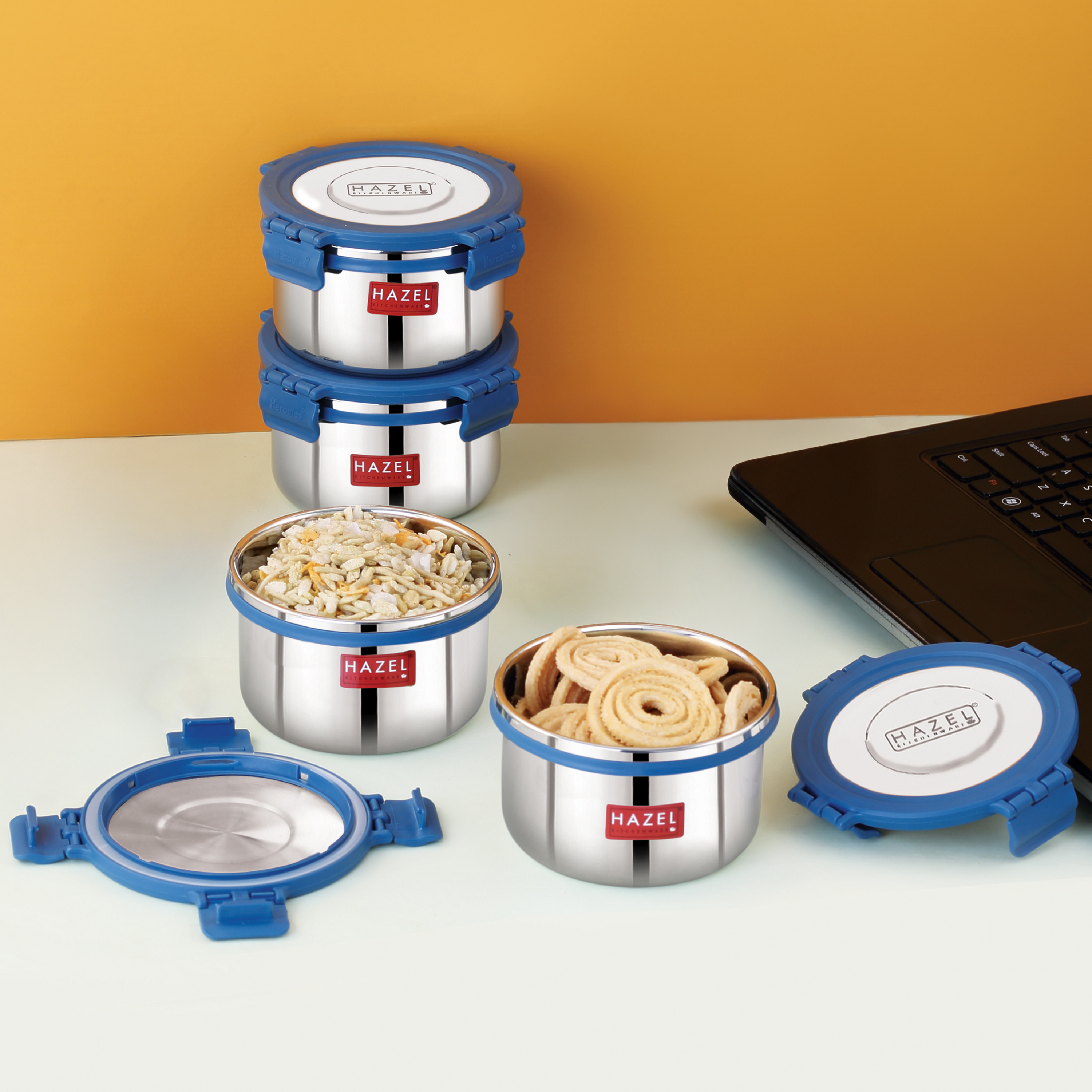 HAZEL Stainless Steel Storage Containers for Kitchen, Air Tight & Leak Proof, 525 Ml, Tiffin Box, Set of 4